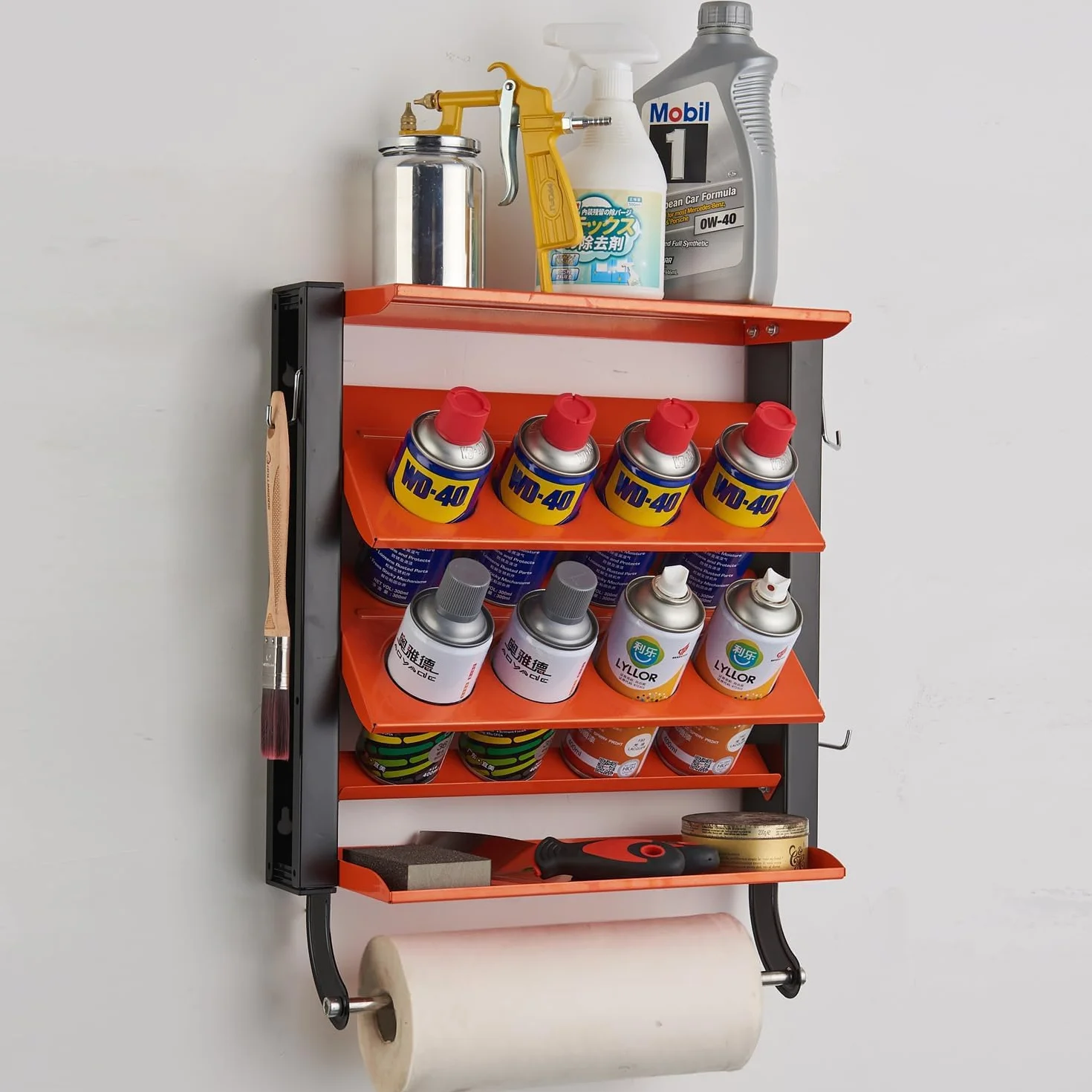 Wallmaster Supporto per bombolette spray, supporto da parete per bombolette lubrificanti, resistente, organizer per bottiglie di vernice per garage e casa, 8 fori per lattine e 2 ripiani