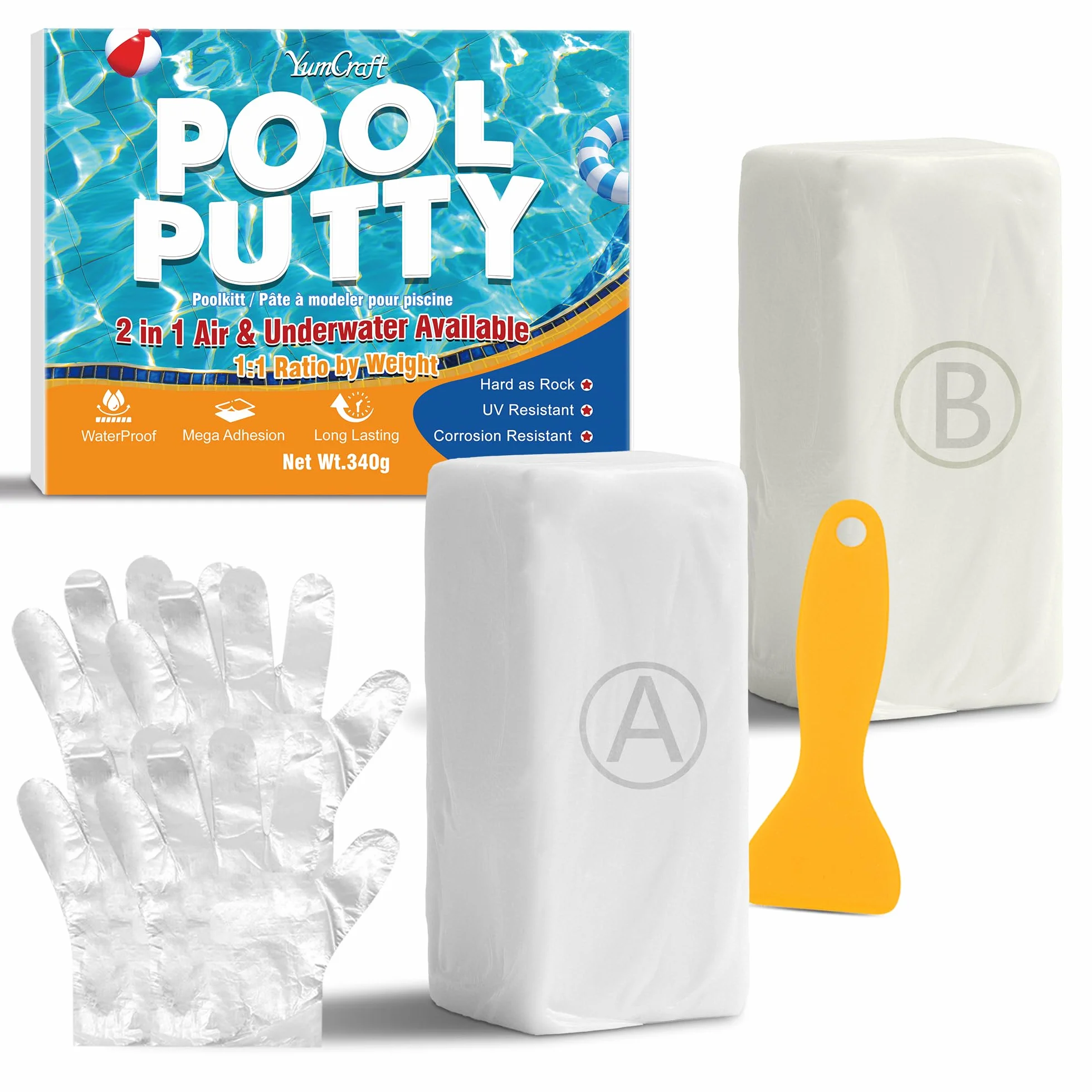Stucco Epossidico Bianco 340g, Kit Riparazione Piscine Sott’Acqua e Sopra, Stucco 2 Parti per Perdite, Crepe e Sigillatura, Adesivo per Piastrelle, Calcestruzzo, Cemento, Legno, Metallo, Ceramica