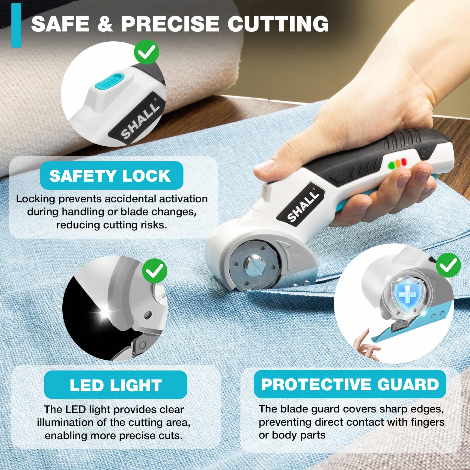 SHALL Forbici elettriche senza fili 4V con blocco di sicurezza, luce LED e lama di ricambio – Taglierina rotante ricaricabile per tessuto, pelle, moquette, cartone e plastica