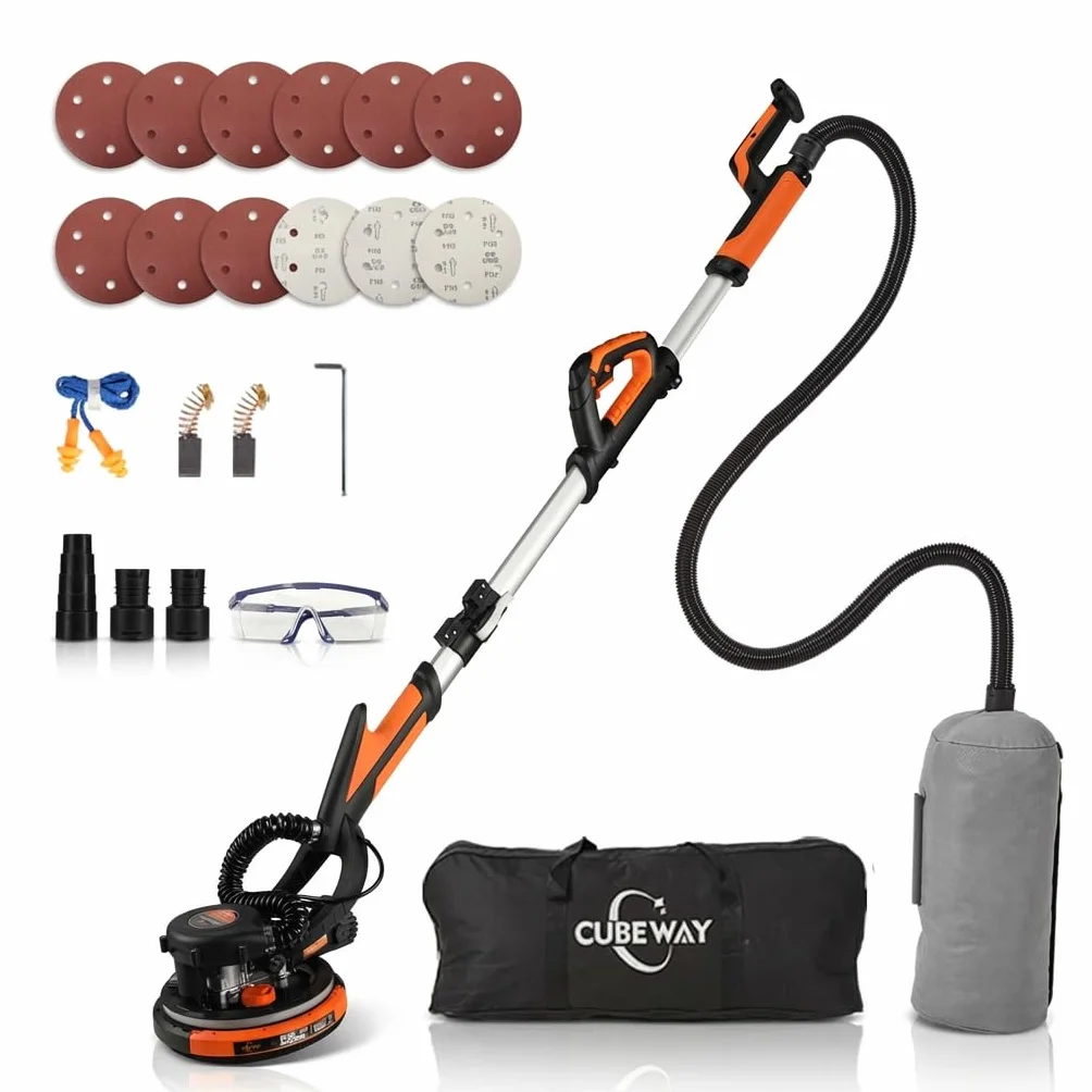 Levigatrice da parete e soffitto, 750 W, velocità massima 1800 giri/min, levigatrice a parete con LED e manico telescopico, levigatura 215 mm, borsa di estrazione, manico pieghevole, testa