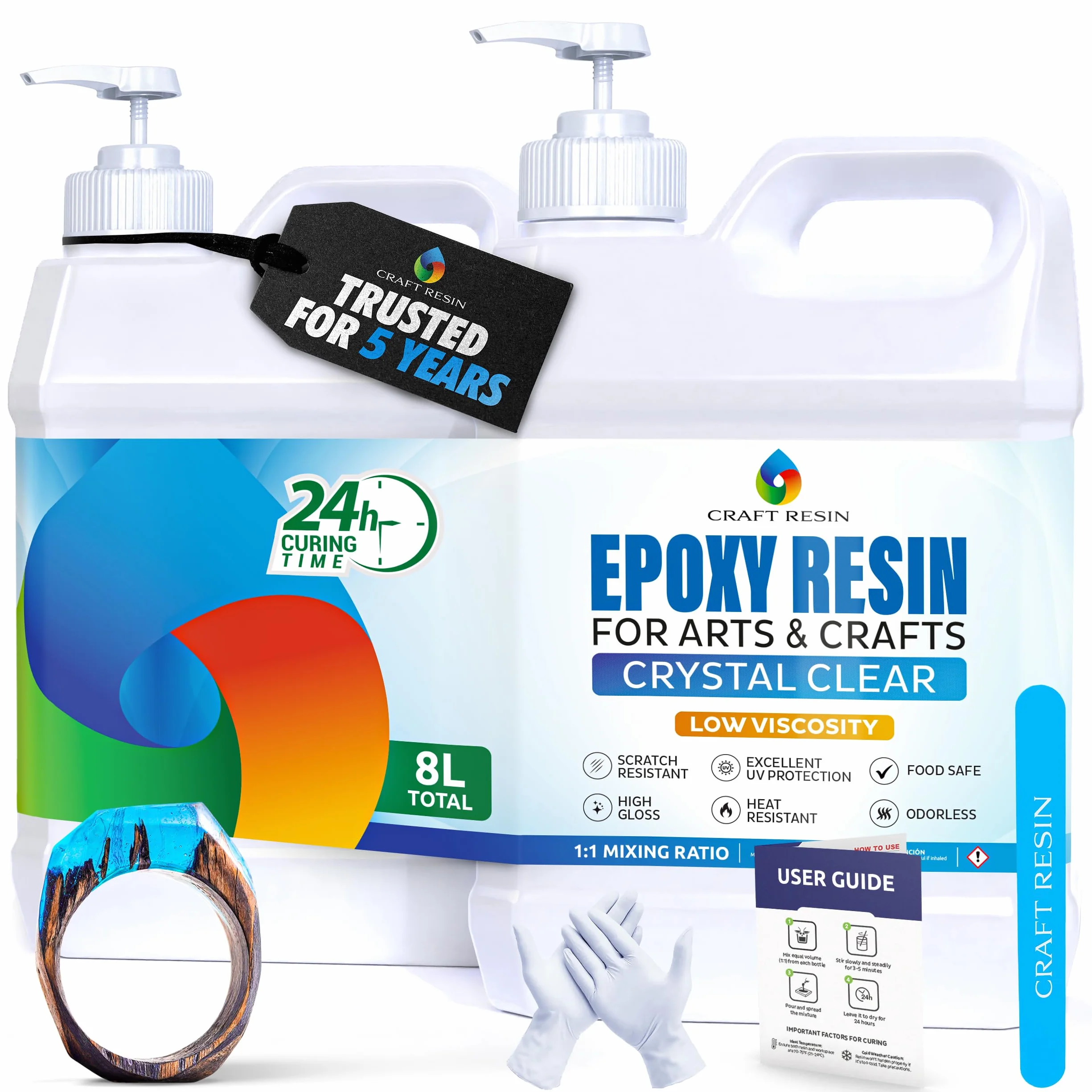 CRAFT RESIN 8L Resina Epossidica – Completo Resina Epossidica Trasparente per Gioielli, Sottobicchieri – Resina Bicomponente a Bassa Viscosità per Principianti e Professionisti