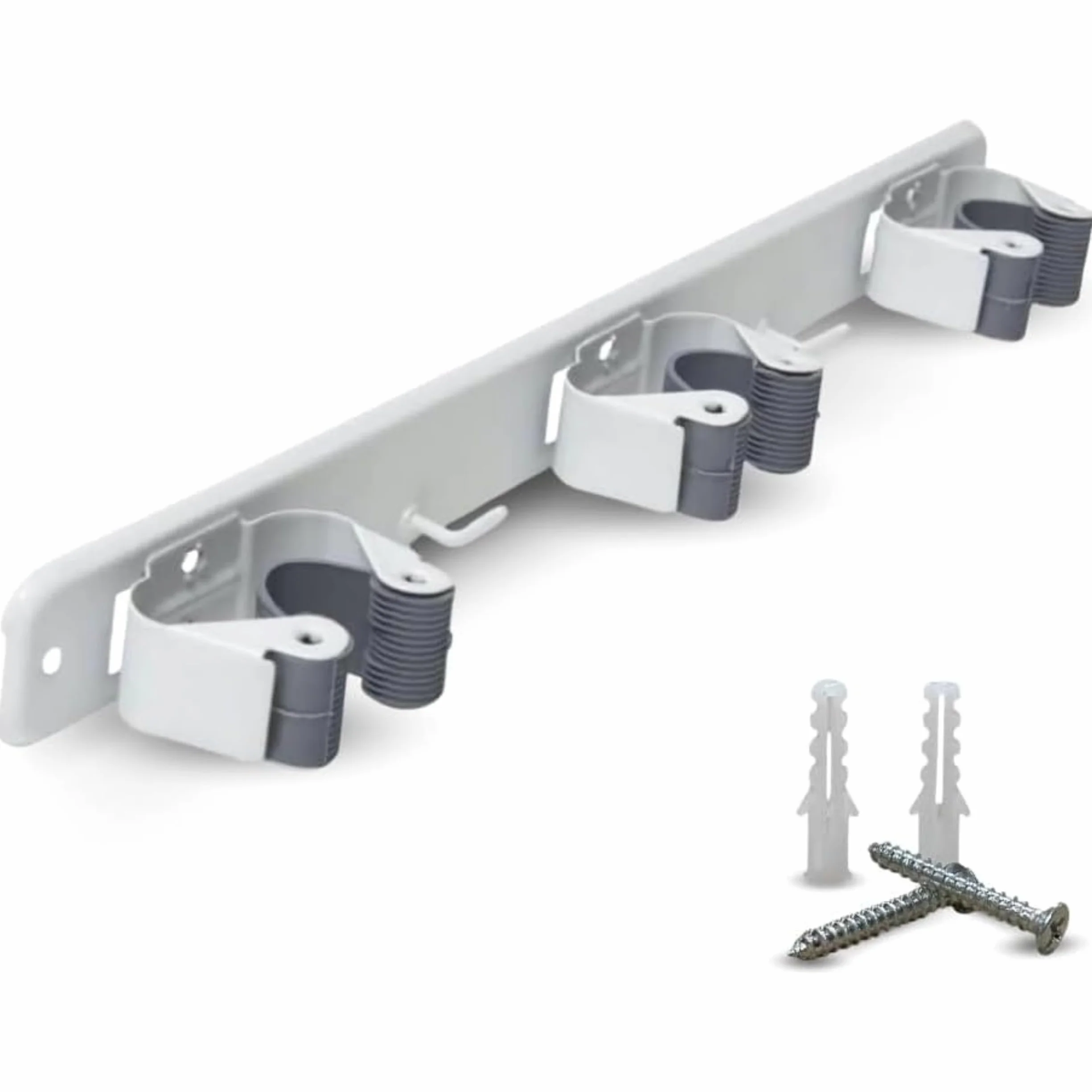 PARENCE.- Supporto da Parete a Triplo avvitamento per Scopa e Accessori - Gancio per Scopa 3 Supporti + 2 Ganci - 37cm