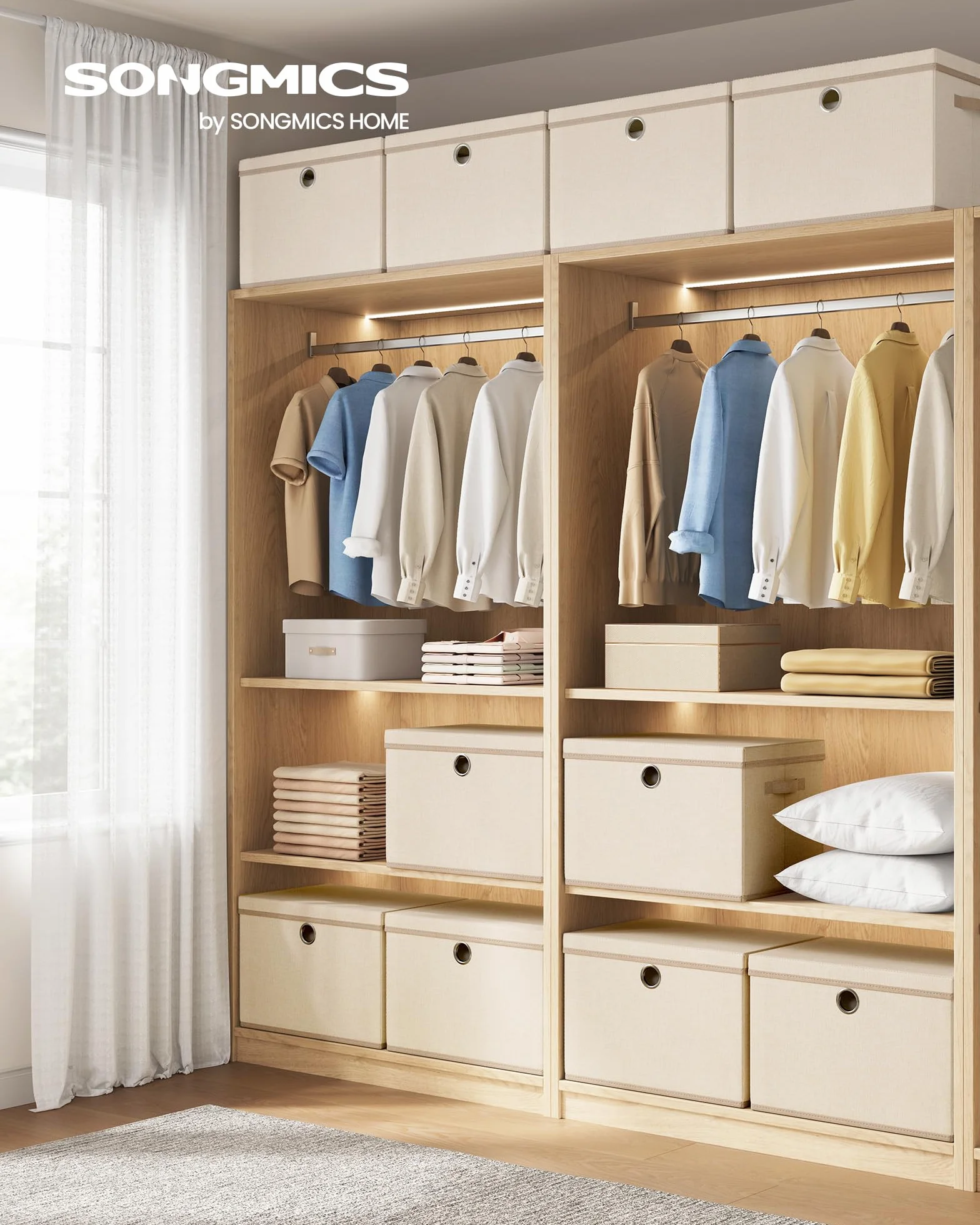 SONGMICS Scatole Portaoggetti con Coperchio, Set di 3 Contenitori in Tessuto, Pieghevoli e Impilabili, 43 x 30 x 30 cm, Beige Cappuccino