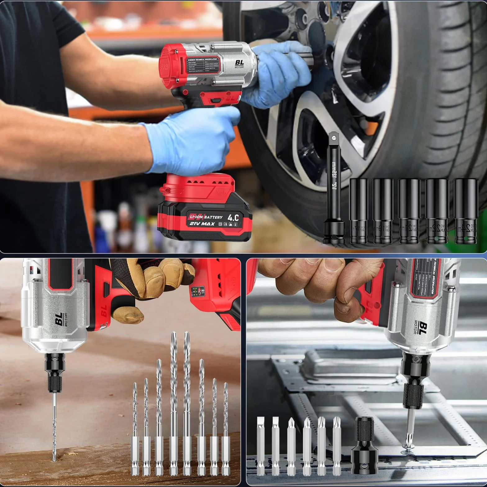 Avvitatore a Impulsi a Batteria 3-in-1, Impact Driver/Trapano a Percussione 1200Nm 1/2" Brushless, 2×4.0Ah
