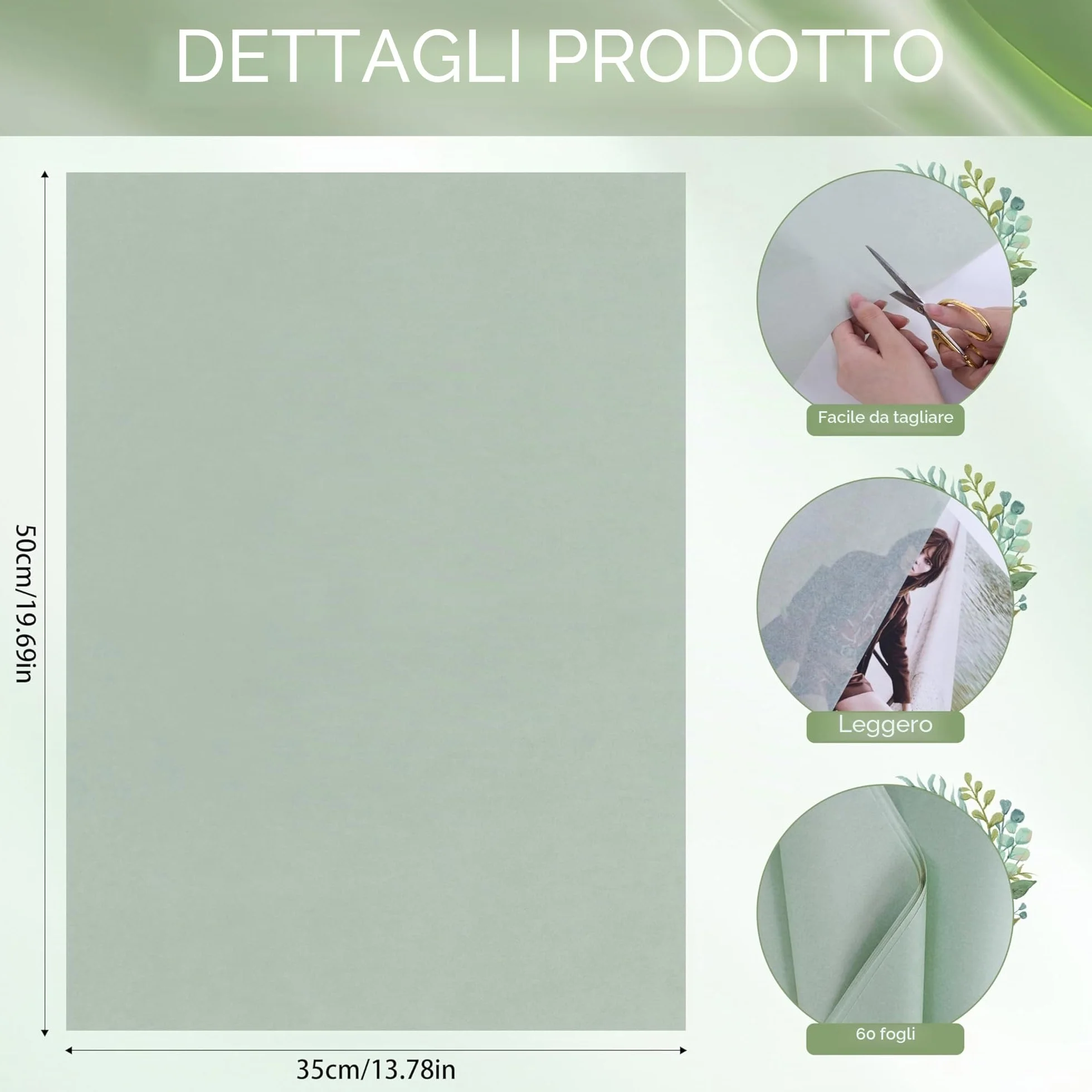 Larcenciel Carta Velina Verde Salvia, 60 Fogli di Carta Velina per Imballaggio e Sacchetti Regalo, Confezioni Regalo Verde Matcha per Compleanni, Matrimoni, Anniversari, Natale, DIY, 50 x 35 cm