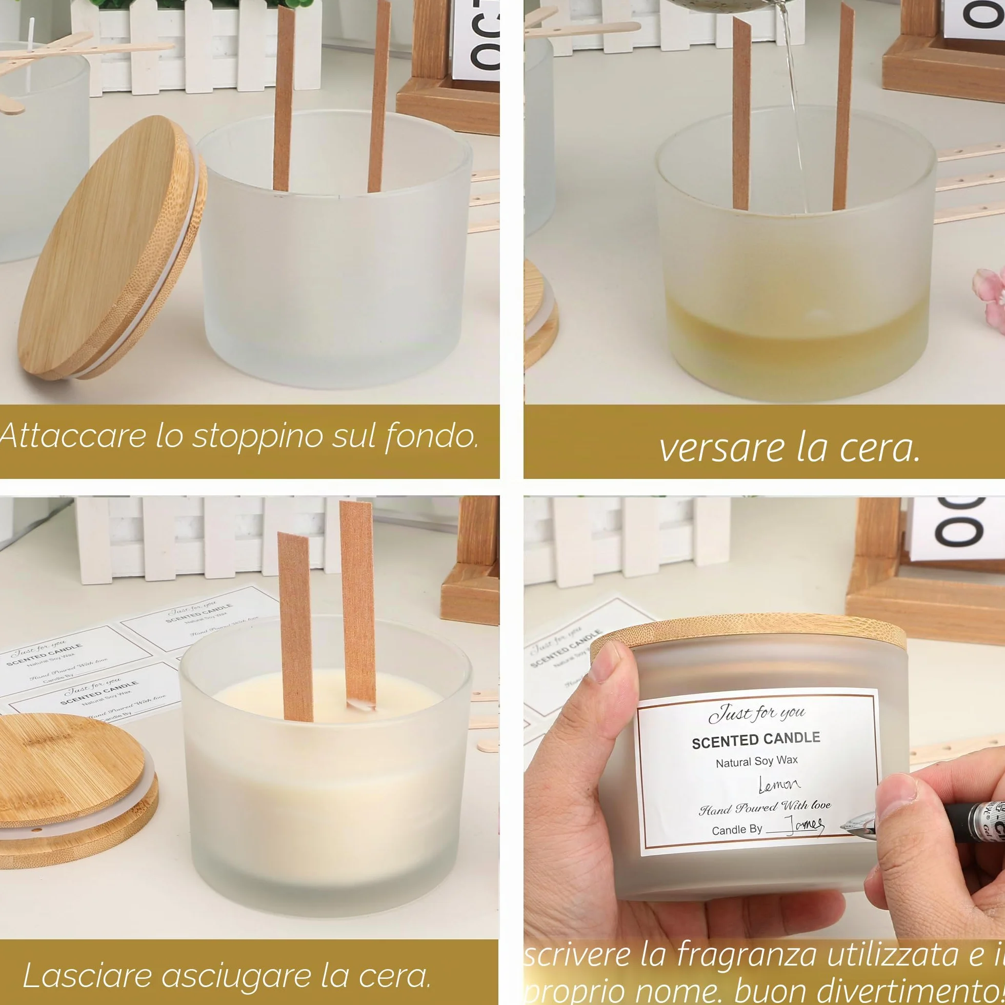 MILIVIXAY - Confezione da 6 barattoli per candele da 16 once con coperchi in bambù e kit per la produzione - 3 stoppini, vetro spesso e smerigliato bianco in massa per candele grandi - Contenitori per
