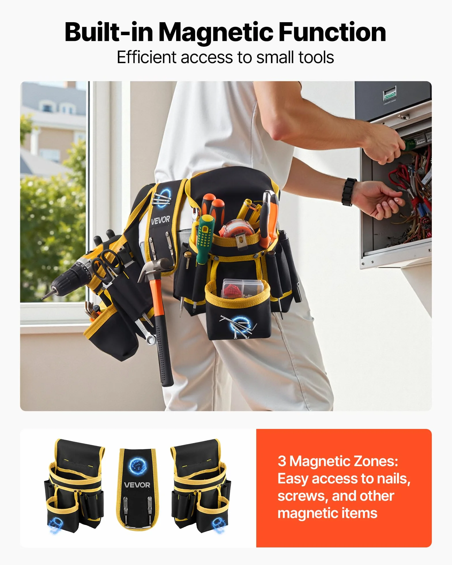 VEVOR Cintura Porta Attrezzi da Carpentiere con 28 Tasche, Marsupio Porta Attrezzi da Elettricista, Regolabile e Resistente, per Carpentieri, Edilizia, Regolabile in Vita da 78,7 a 121,9 cm