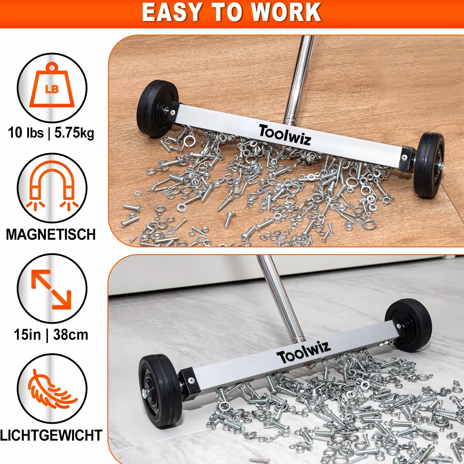 Toolwiz Spazzatrice Magnetica Compatta 38,1 cm - Attrezzo da Copertura per Giardino Strumento multifunzione 4,5 kg con manico telescopico e ruote per raccogliere chiodi