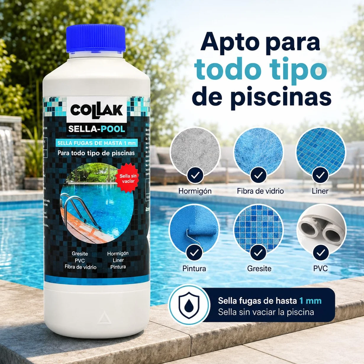 Collak Sigillante per perdite per piscina Seala-Pool 1L - Ripara crepe senza vuoto - Compatibile con Liner, Calcestruzzo, PVC, Fibra, SPA, Serbatoi e Tubi - Uso professionale e domestico