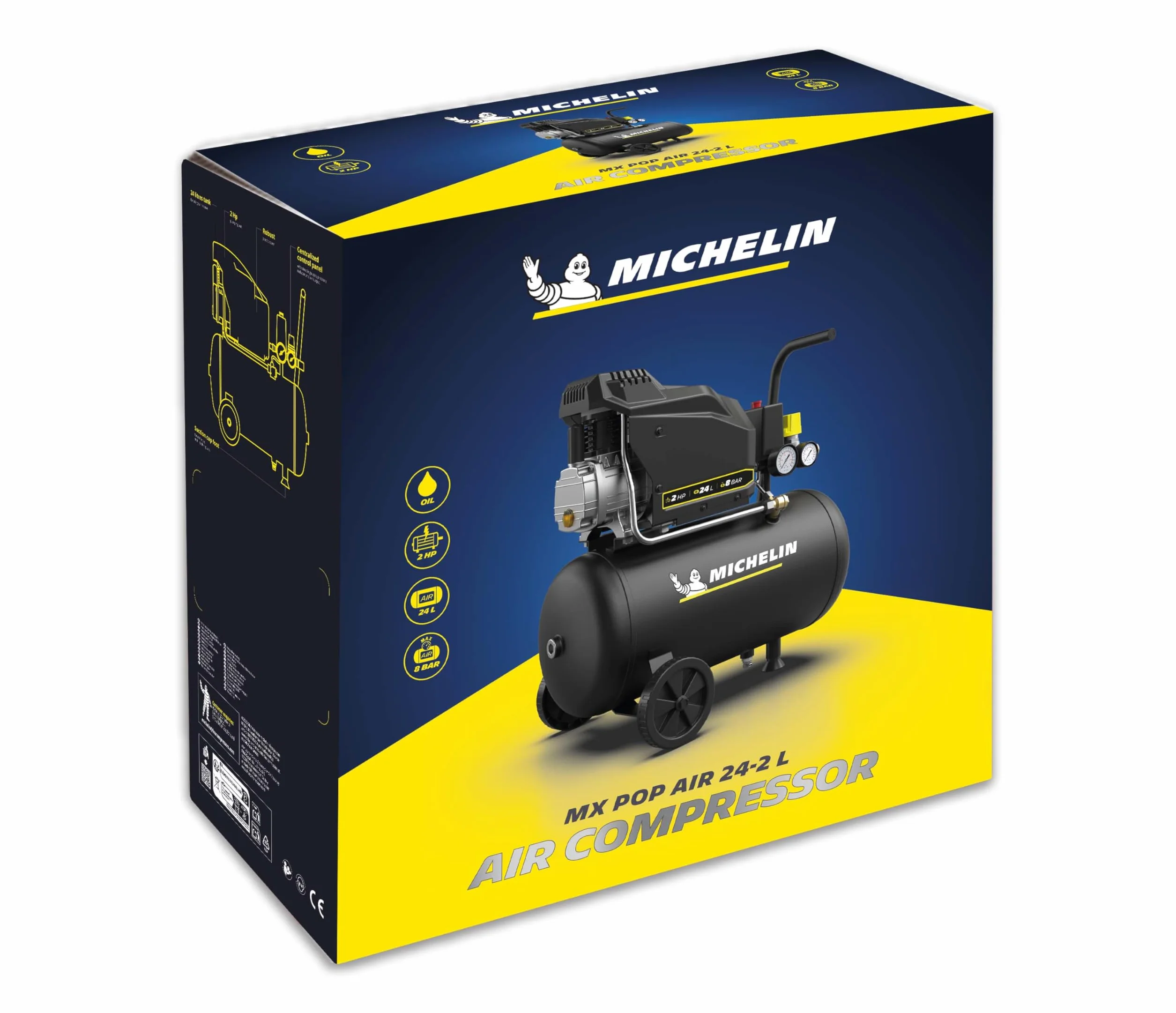 MICHELIN, Compressore d’Aria MX POP AIR 24-2 L, Serbatoio 24 Litri con ruote, Motore da 2 hp, Pressione Massima 8 bar, Portata d’Aria 195 l/min