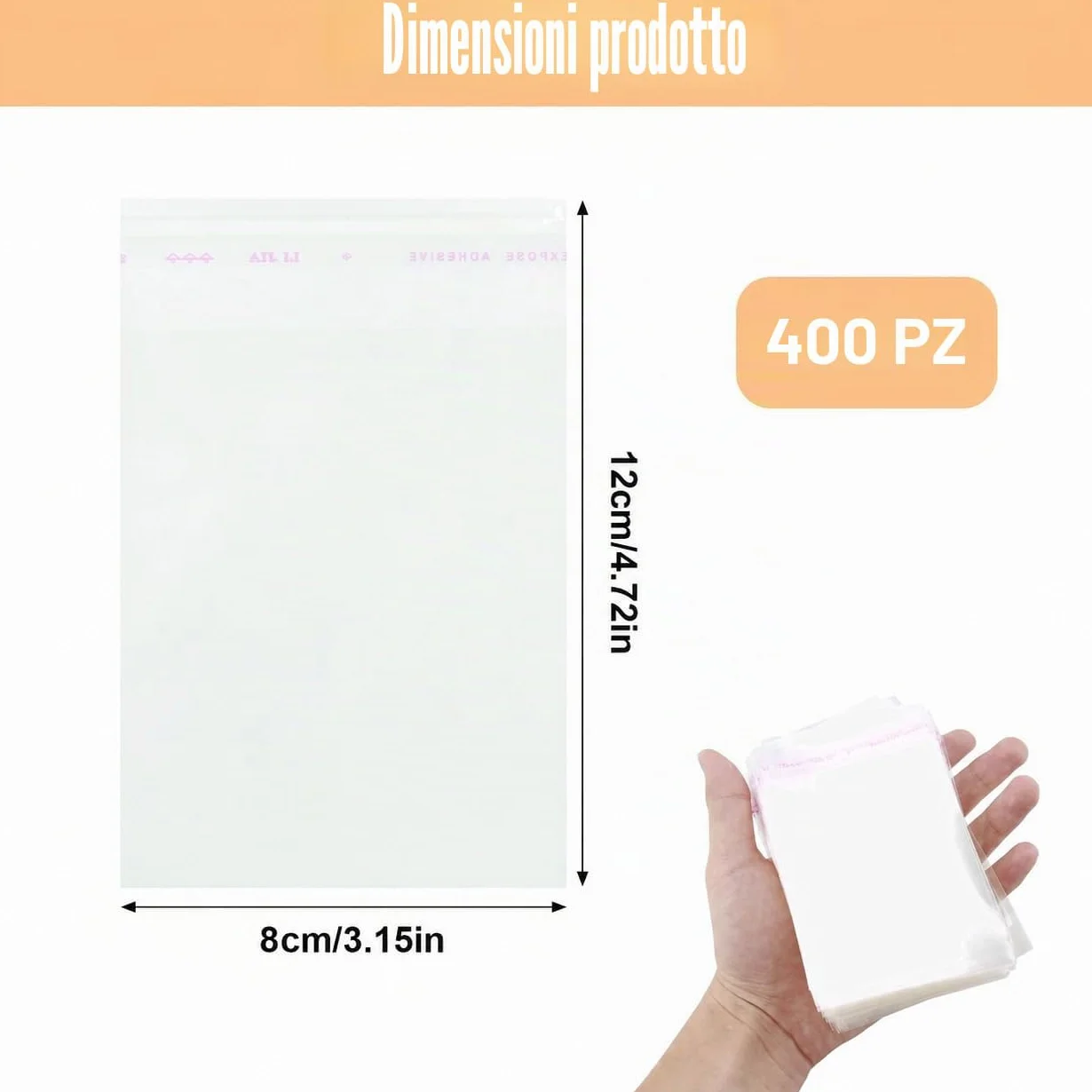 400 Bustine Trasparenti Adesive 8x12cm, Sacchetti Cellophane Ziplock per Alimenti, Caramelle e Biscotti, Alta Trasparenza e Multiuso