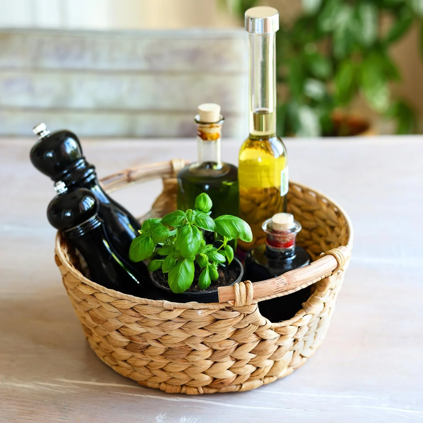 HMF Cesto portaoggetti rotondo, cesto regalo intrecciato in giacinto d'acqua con manici in legno | 30 x 12 cm