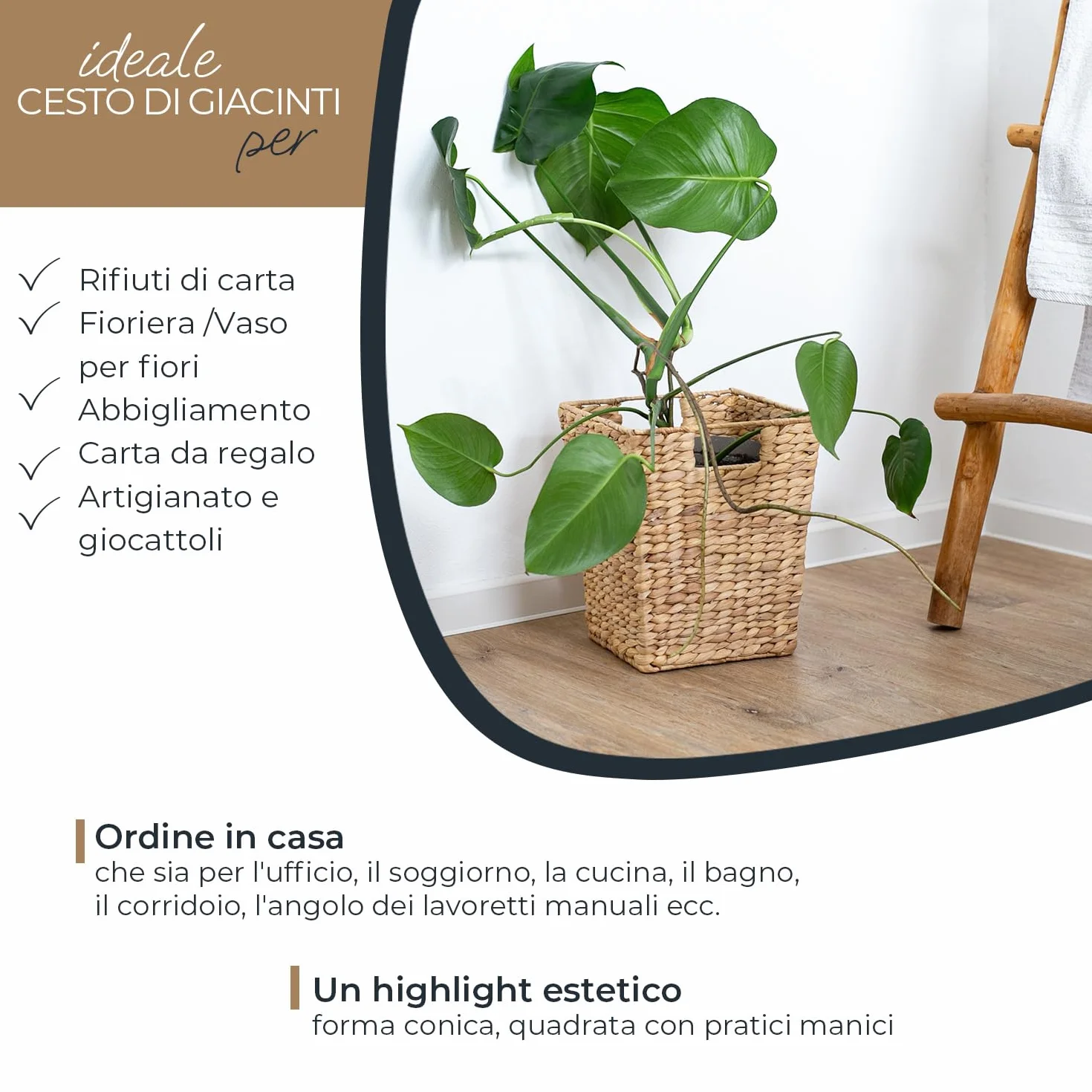 HMF Cestino per la carta, cestino per l'ufficio intrecciato in giacinto d'acqua | Rettangolare | 25 x 25 x 30 cm