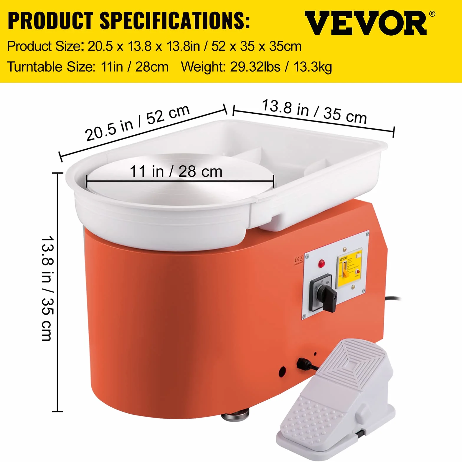 VEVOR Macchina per Argilla Ceramica Pedale, 11 Pollici Potenza 350 W Modello TYLPJ28-OC Macchina per Ruote da Ceramica Arancione per L'Insegnamento Scolastico, Bar in Ceramica e Uso Domestico, ECC