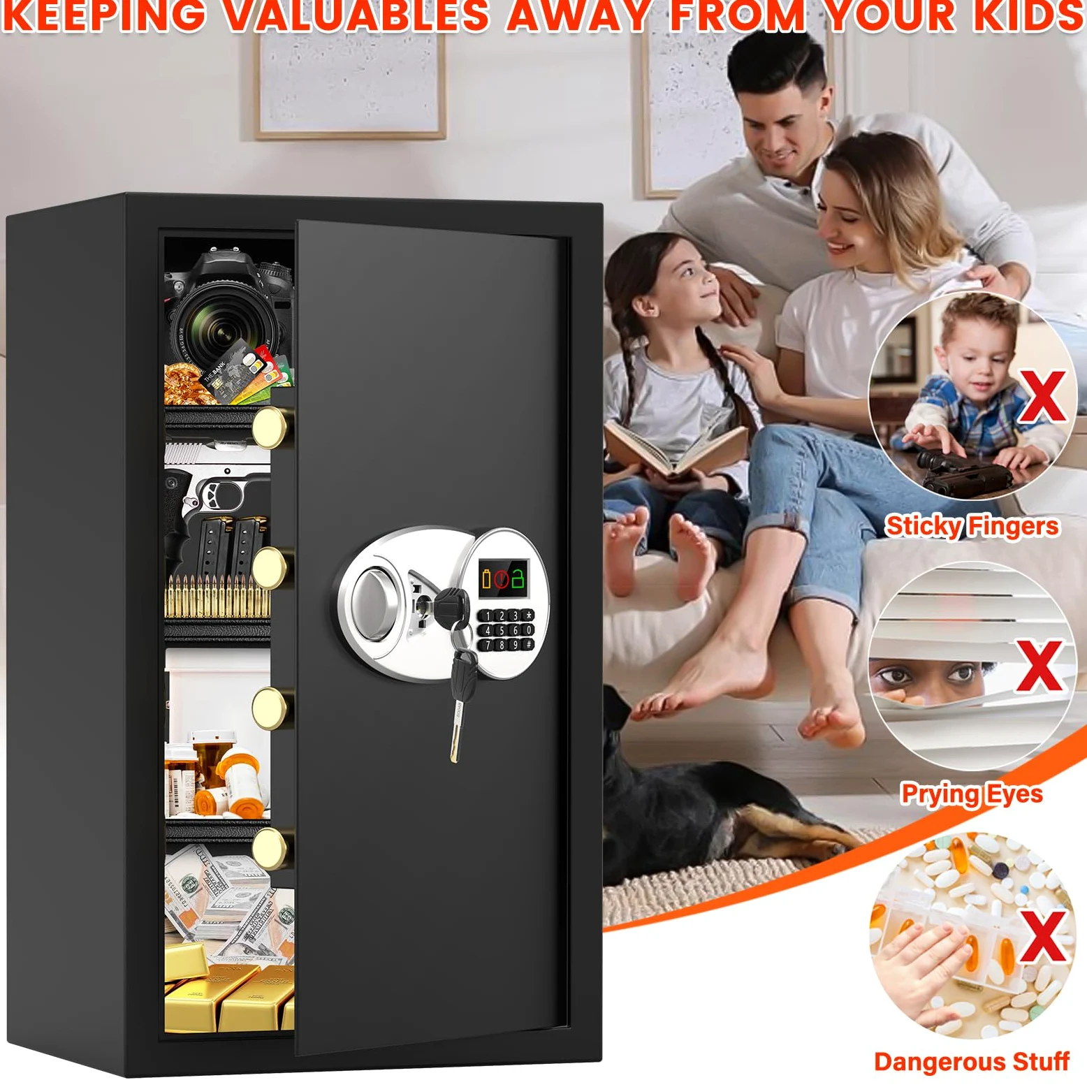 Cassaforte ignifuga da 85 l, con tasca per documenti ignifuga, cassaforte digitale per mobili con 2 chiavi e 3 ripiani rimovibili, cassaforte elettronica per la casa, contanti, gioielli