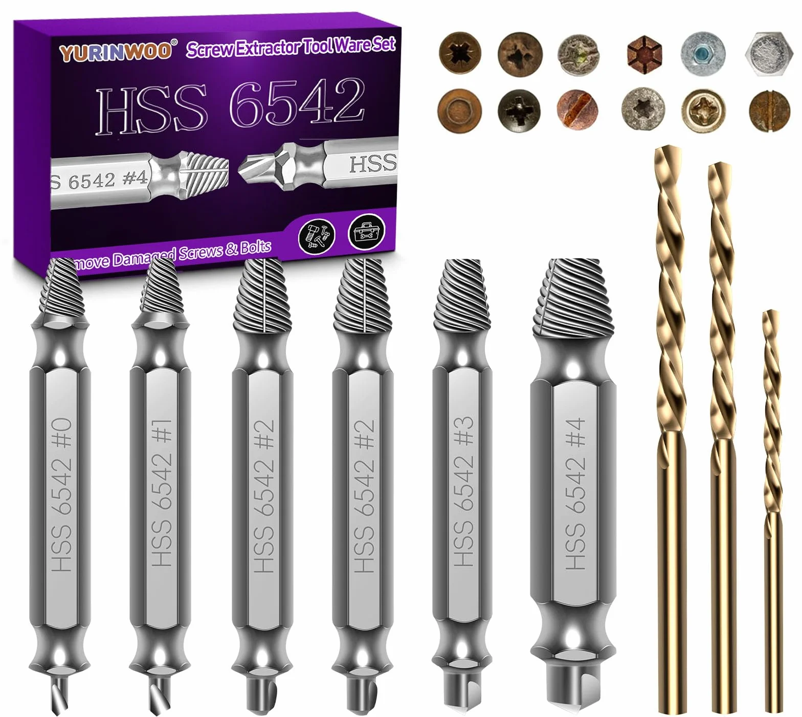 Set di 6 estrattori per viti Grado HRC 63-65, HSS 6542, estrattore sinistro, strumento svitamento, forare e rimuovere viti danneggiate