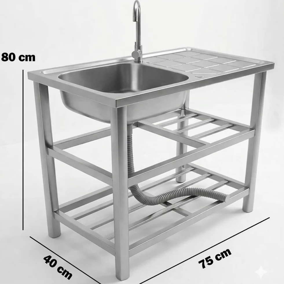 BAKAJI Lavello in Acciaio Inox con Rubinetteria Completa e Kit Sifone Ideale per Esterno, Patio, Giardino, Cucina in Balcone e Veranda, Lavandino con Ripiani Portaoggetti e Accessori, 75 x 40 x 80 cm