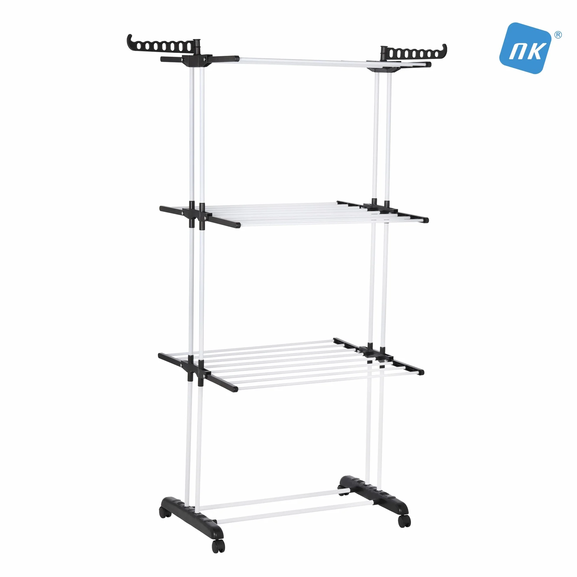 NK Stendino Verticale Salvaspazioa 4 Livelli - 6 Ripiani Retrattili + 2 Ali Laterali con Supporto per Grucce + Scarpiera, Ruote a 360°, Colore Nero e Bianco (19m di Biancheria)