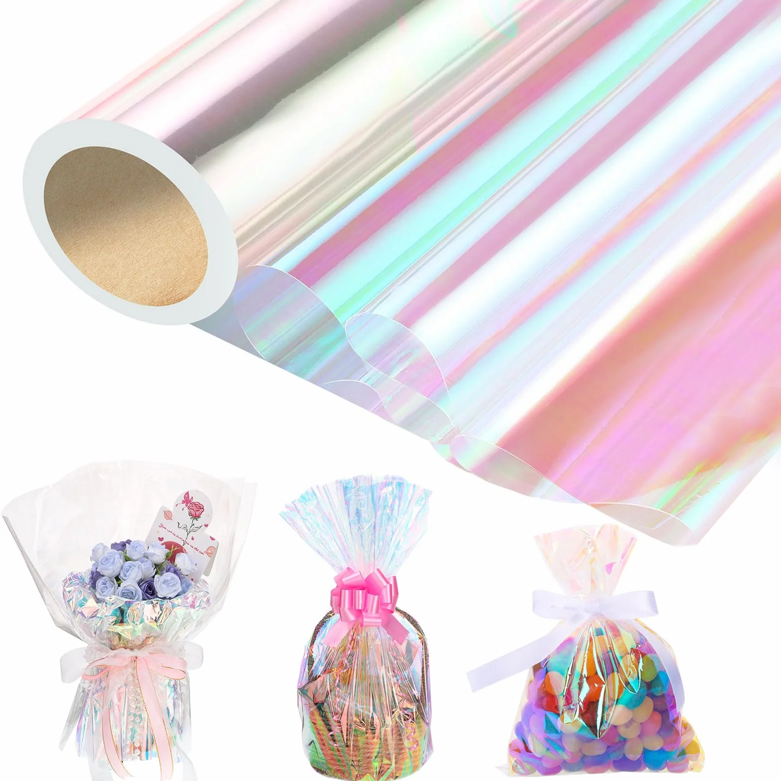 woric Rotolo di cellophane iridescente, 43 cm x 25 m, pellicola regalo colorata per regali, bouquet, cesto regalo, matrimonio