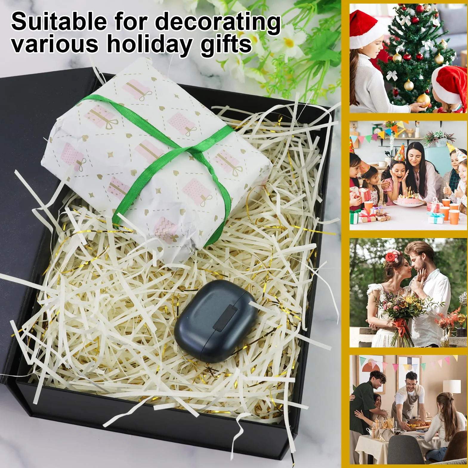 Carta velina triturata da 210 g, carta velina triturata per scatole regalo, bianco e oro, carta sminuzzata, riempitivo per confezioni regalo e borse, riempimento e riempimento ideali,