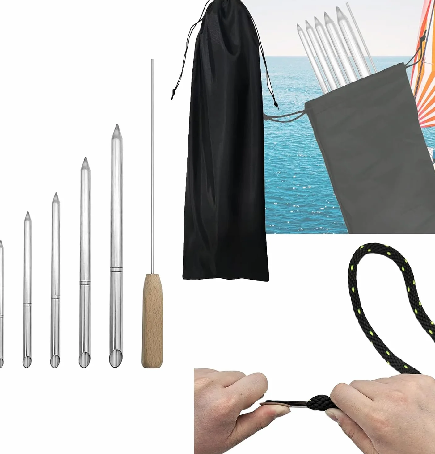 7 Pezzi Kit Utensili Giunzione Corde, Acciaio Inossidabile Con Spintore E Borsa Portaoggetti Per Corda Doppia Treccia 1/4" 5/16" 3/8" 7/16" 1/2" Per Rapido Recupero Giunzione