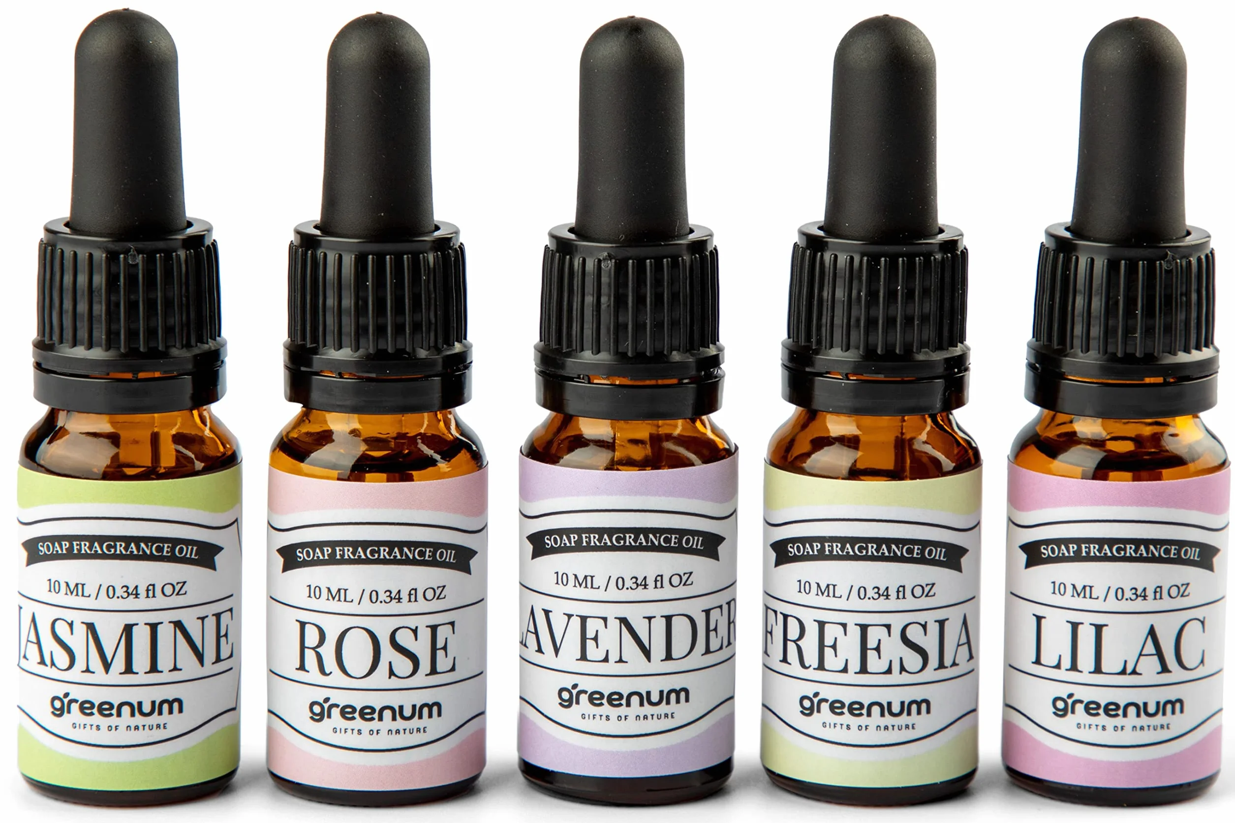 Profumi di sapone, olio profumato per sapone, profumo gelsomino, rosa, lavanda, lilla e fresia, oli profumati per la produzione di sapone, 5 x 10 ml profumi di sapone in bottiglie di vetro