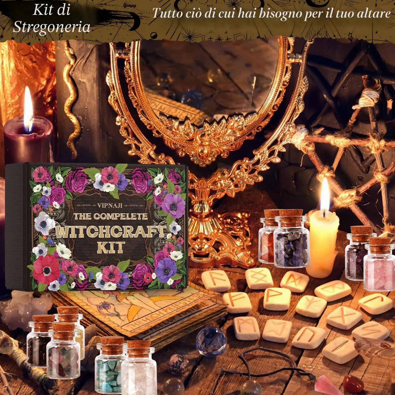 VIPNAJI Oggetti Kit 64 Pezzi Forniture per Stregoneria, per la Preghiera, Bottiglia dei Desideri di Cristallo, Fiori secchi, Materiali Medicinali,Incantesimi, Magia, wicca accessori, Kit per streghe