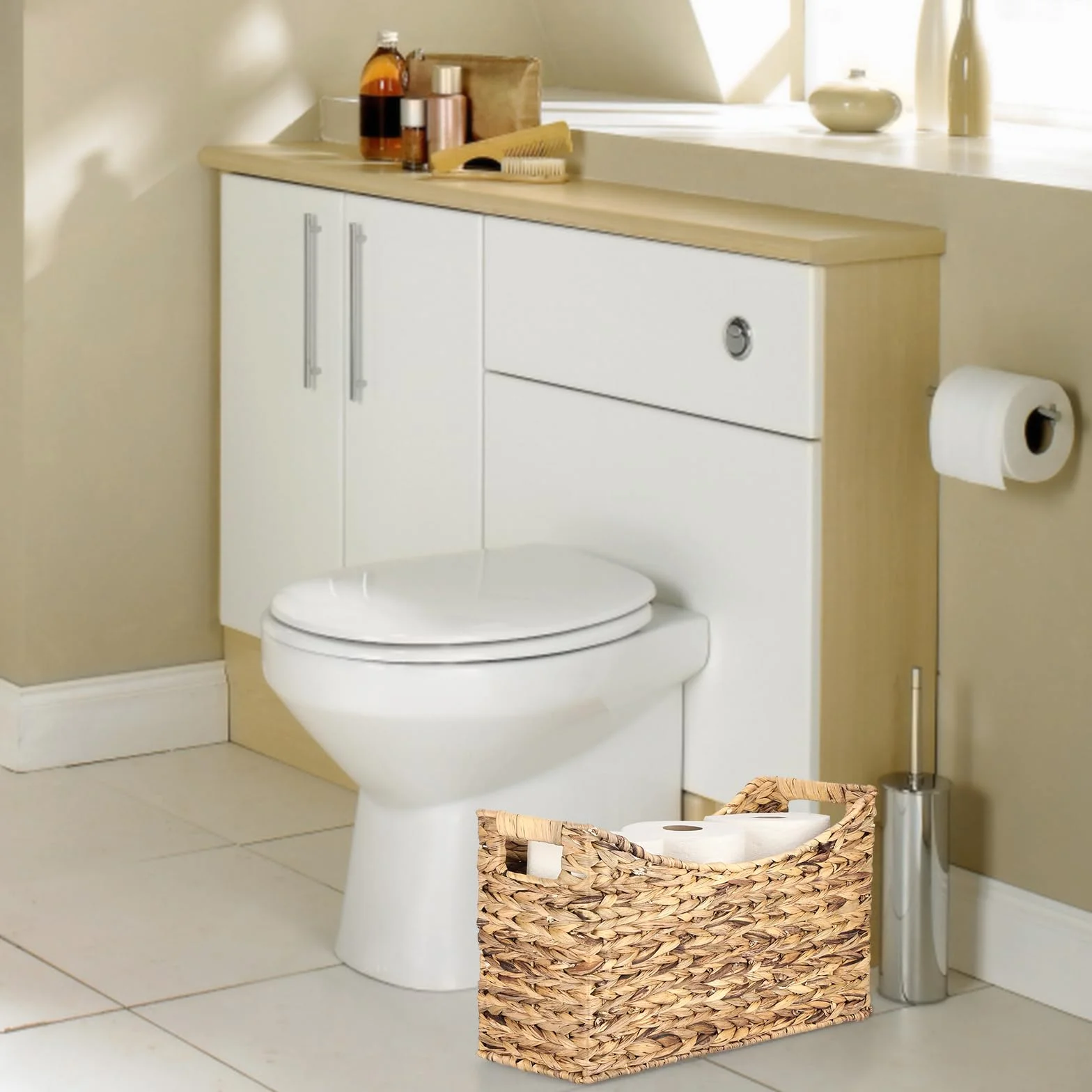 Portariviste stabile in giacinto d'acqua, cestino portaoggetti in tessuto, portariviste con manico, cestino in vimini per libri, riviste, carta come regalo, 43 x 16 x 25 cm