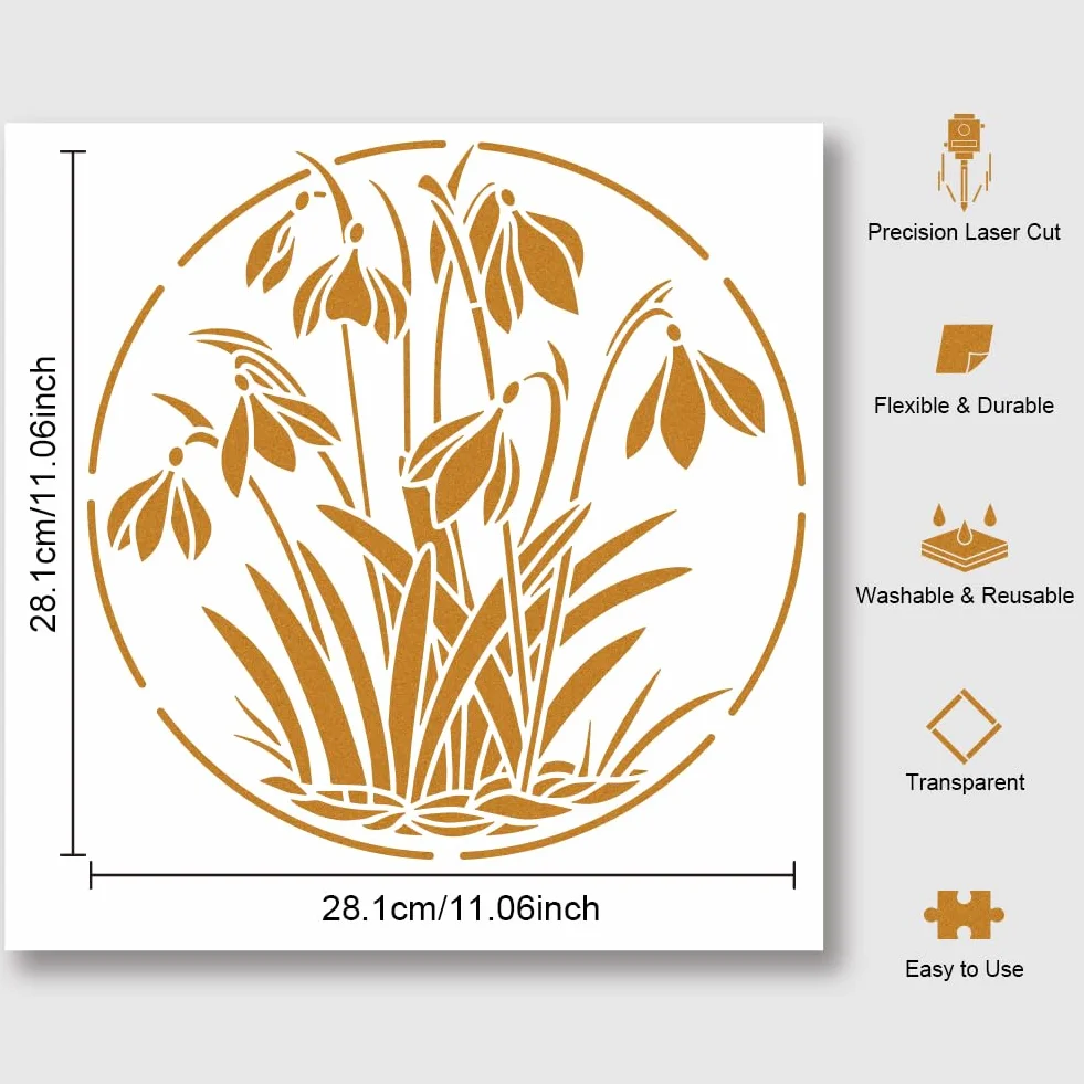 NBEADS Stencil per Pittura Floreale di Bucaneve, Stencil per Diario Floreale Stencil per Arte e Artigianato Scavati Modi l'i Riutilizzabili In PET per la Pittura Fai da te Scrapbook Wall Art, 30x30cm