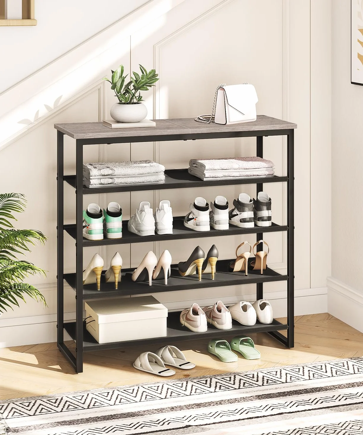 HOOBRO Scarpiera a 5 Ripiani, Scaffale Portascarpe, Organizzatore per 16-20 Paia di Scarpe con 4 Ripiani in Tessuto Oxford e Piano, per Ingresso e Armadio, Stile Industriale, Grigio Talpa EBG50XJ01