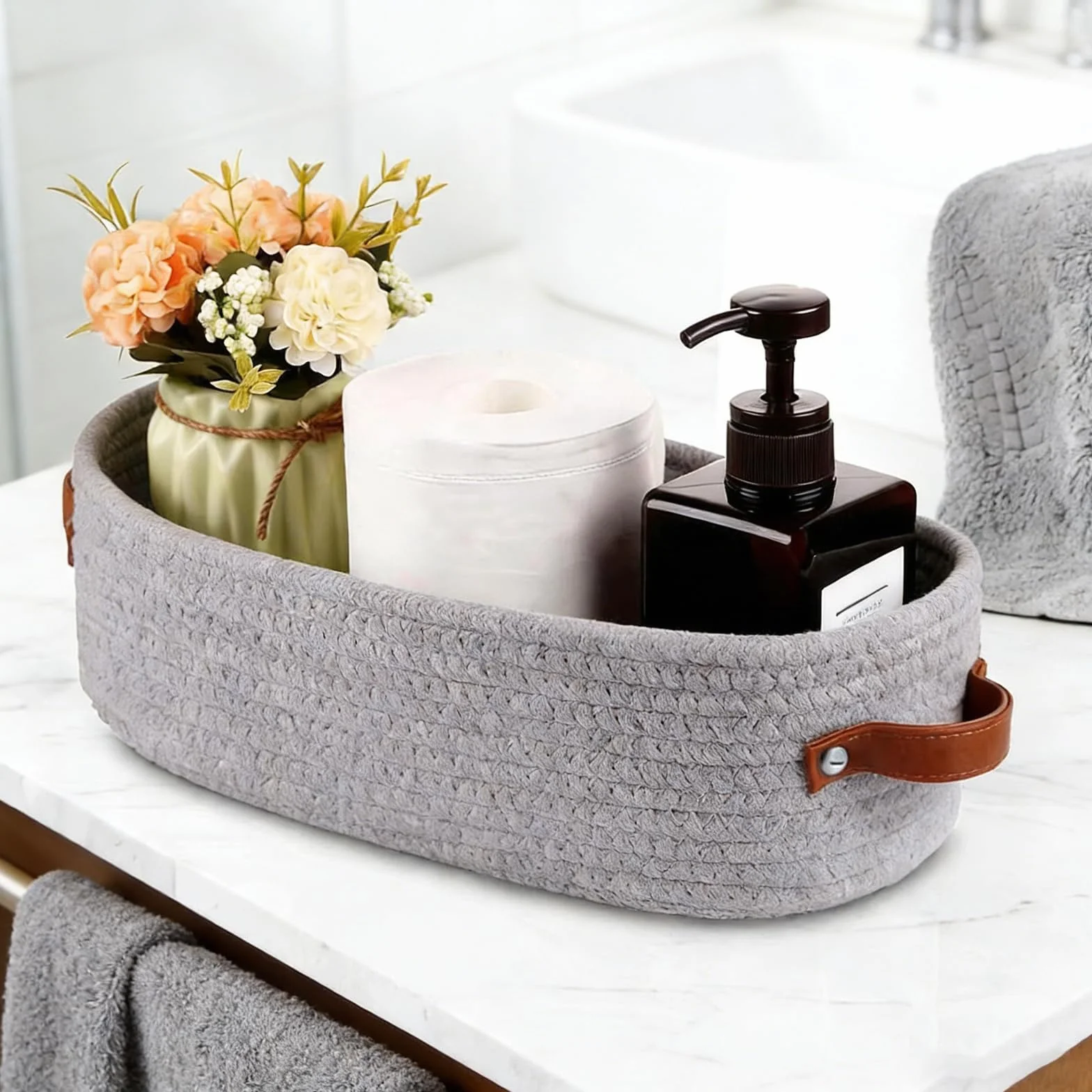 Organizer Bagno Portaoggetti Cestino Corda Cotone 35x15x10 cm Grigio