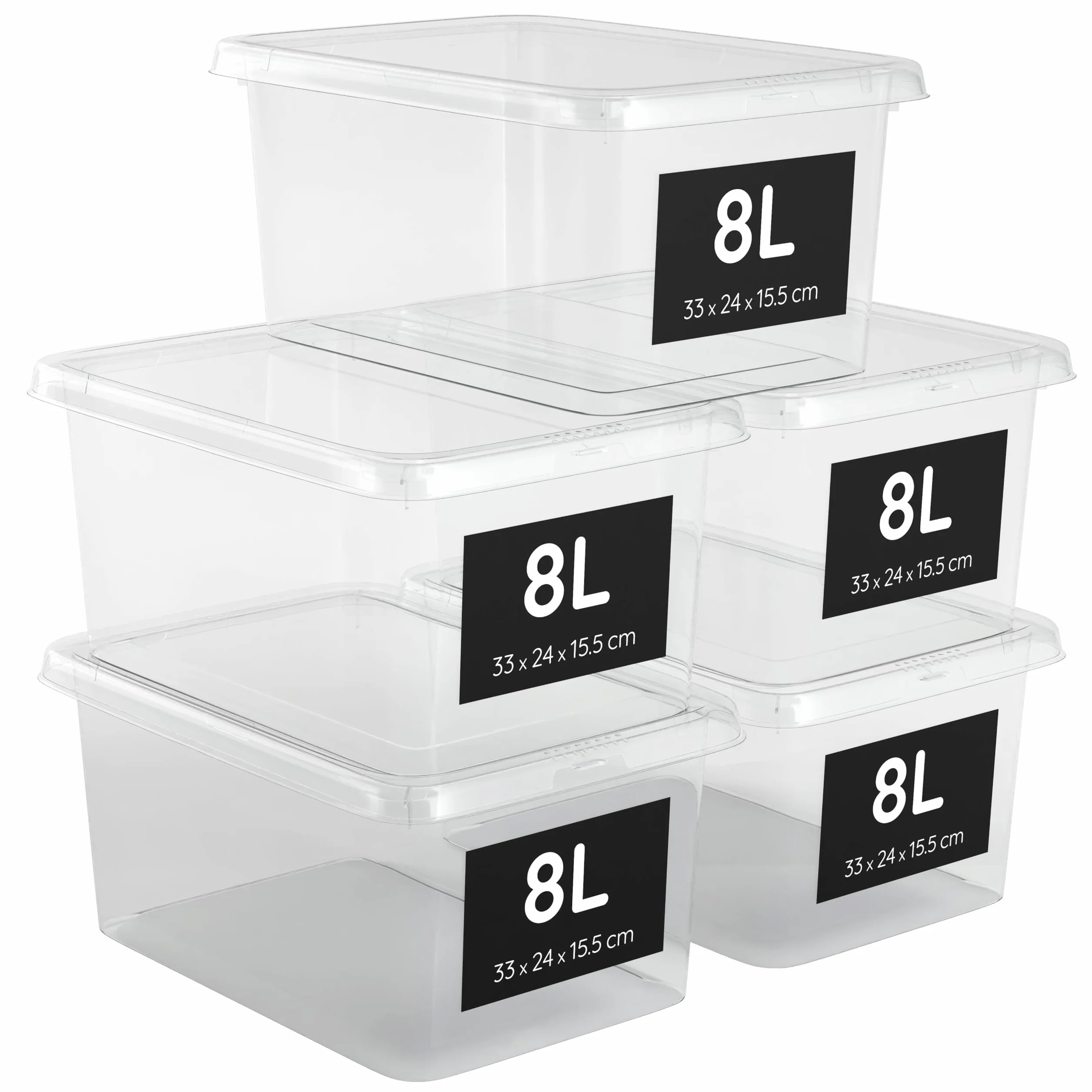 Scatole Plastica 8L con Coperchio Set 5 Portaoggetti Impilabili 100% Trasparenti Click Pressione 33x24x15,5cm Bagno Garage Ufficio Salvaspazio Senza BPA Prodotte Europeo
