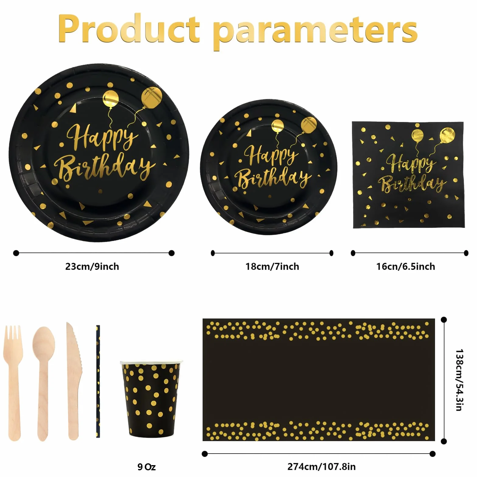 Compleanno Stoviglie Oro Nero 193 Pezzi Set Piatti Tovaglioli Tazze Carta 24 Ospiti