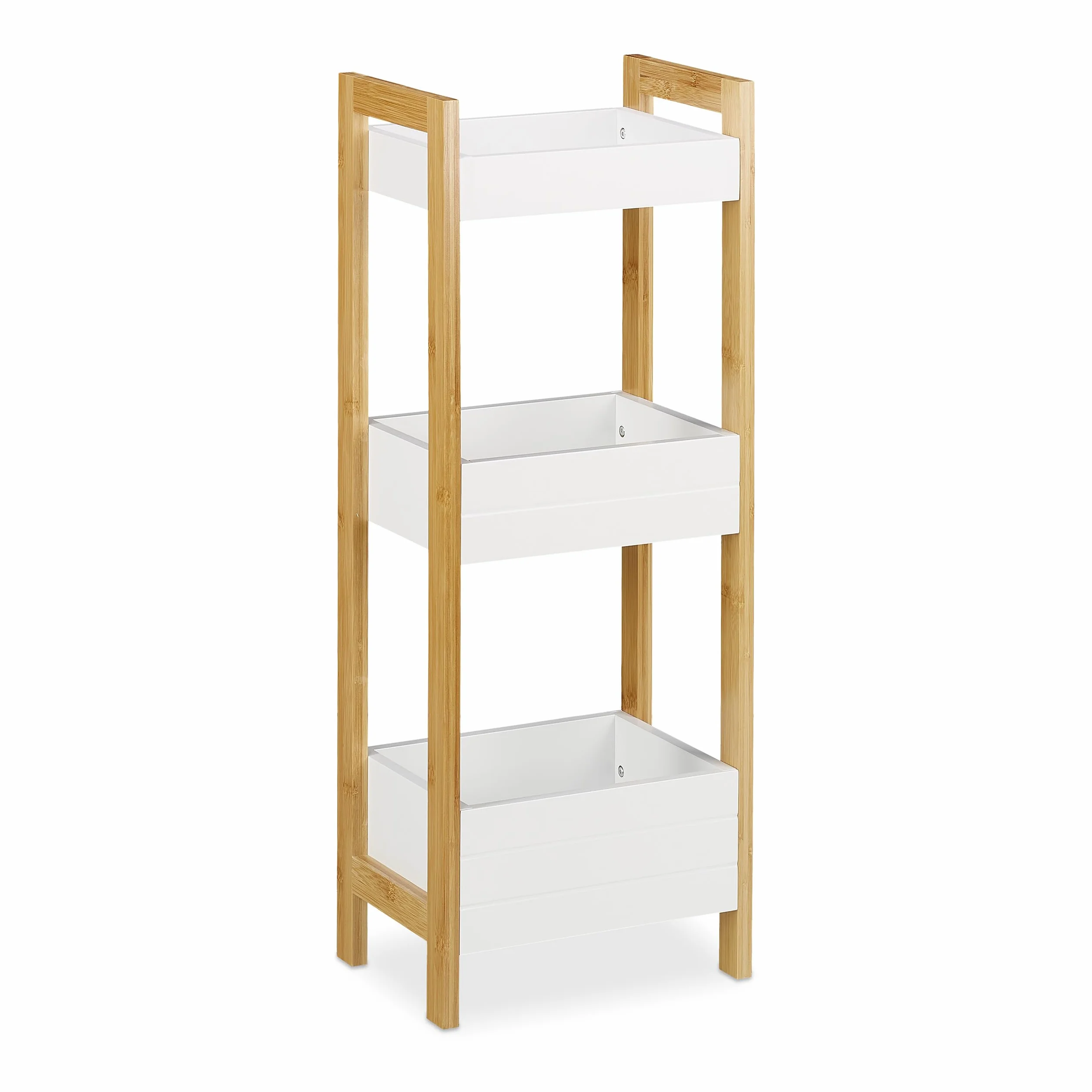 Relaxdays Scaffale Bagno con 3 Cesti, a Colonna in bambù e MDF, 74,5 x 28 x 20 cm, Mensole Salvaspazio, Naturale/Bianco
