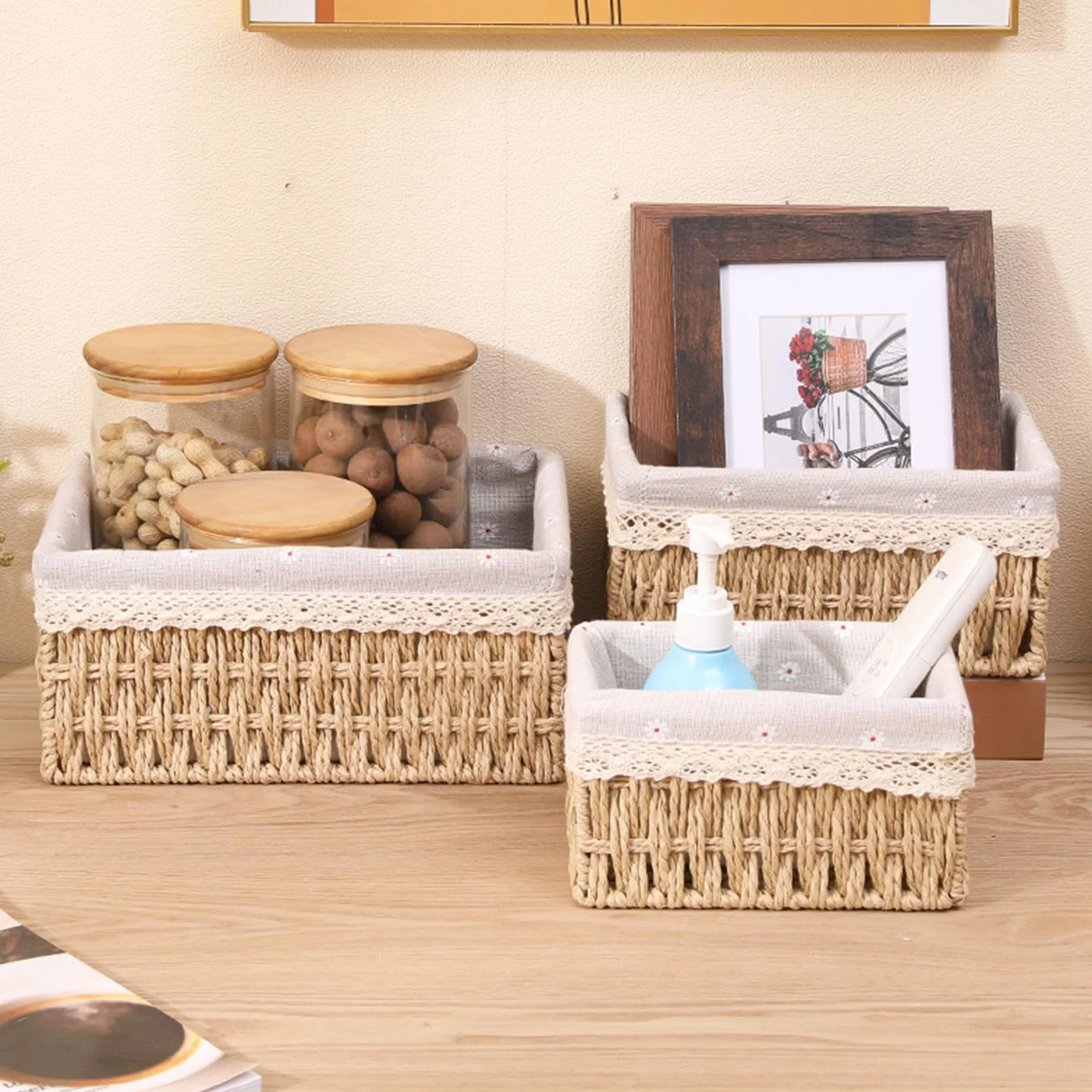 Set di 3 Cestini Portaoggetti Intrecciati a Mano con Coperchio - Corde di Carta Riciclata e Fodera Lavabile - Organizer Multifunzione per Bambini, Bagno, Cucina - Stile Boho Decor (Beige)