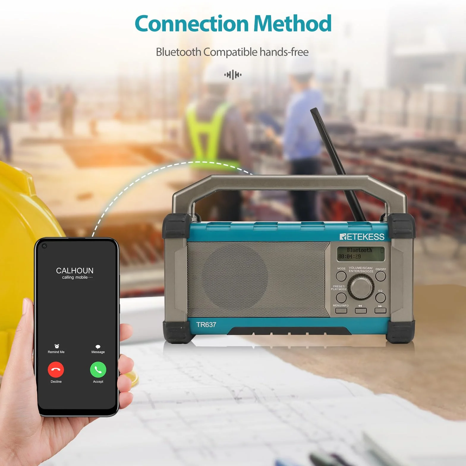 Retekess TR637 Radio da Cantiere,Radio FM AM Portatile con Wireless,con Batteria Ricaricabile da 5000mAh,Impermeabile,USB,Manico Portatile,Lavoro