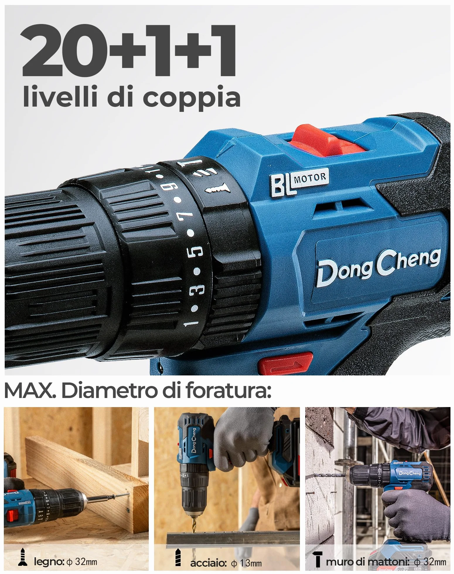 DongCheng trapano percussione a batteria 20V 50 Nm, trapano avvitatore batteria con 2 Batteries 2,0Ah, motore brushless, 20+1+1 Coppie, 2 velocità, mandrino 13 mm,19 Accessori