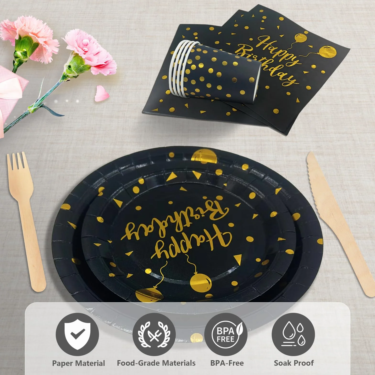 Compleanno Stoviglie Oro Nero 193 Pezzi Set Piatti Tovaglioli Tazze Carta 24 Ospiti