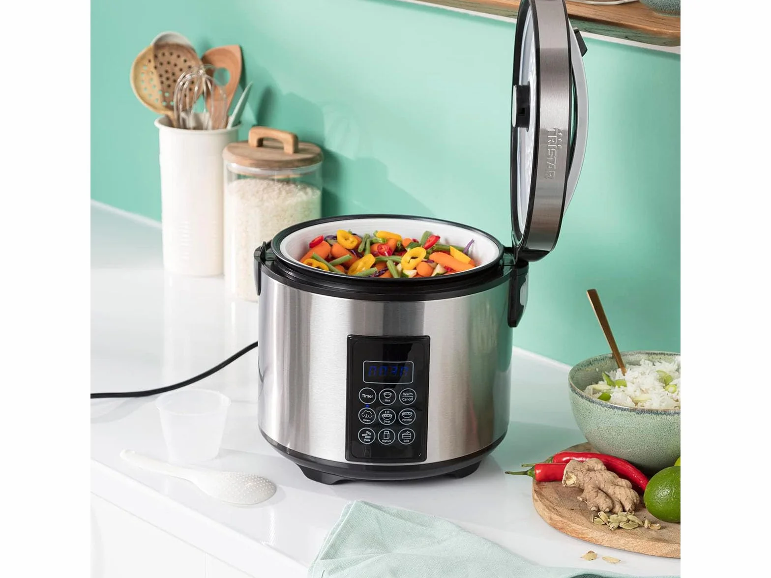 Tristar Cuociriso E Vaporiera XL (2,2 L), Mantenimento In Caldo 24 H, 7 Programmi, Pannello Digitale, Timer, Per 8–10 Persone, BPA Free, Incl. Accessori, Argento, RK-6138