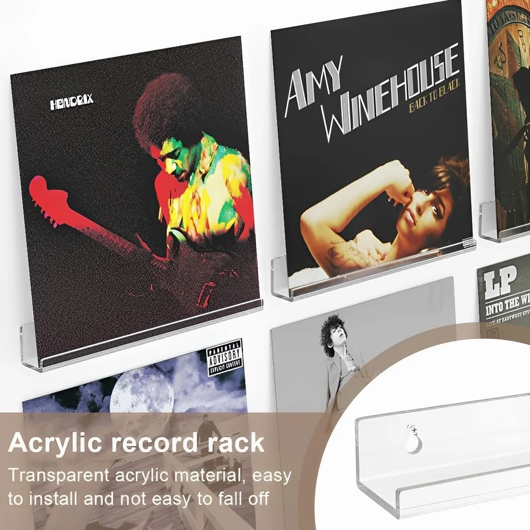 IKOPFLN Supporto per Dischi in Vinile, 6 Pezzi Supporti per Dischi in Vinile da 4 pollici, Mensole Da Parete, Libreria da Parete Sospesa, Mensole in Acrilico per Dischi, Foto Album e Collezioni