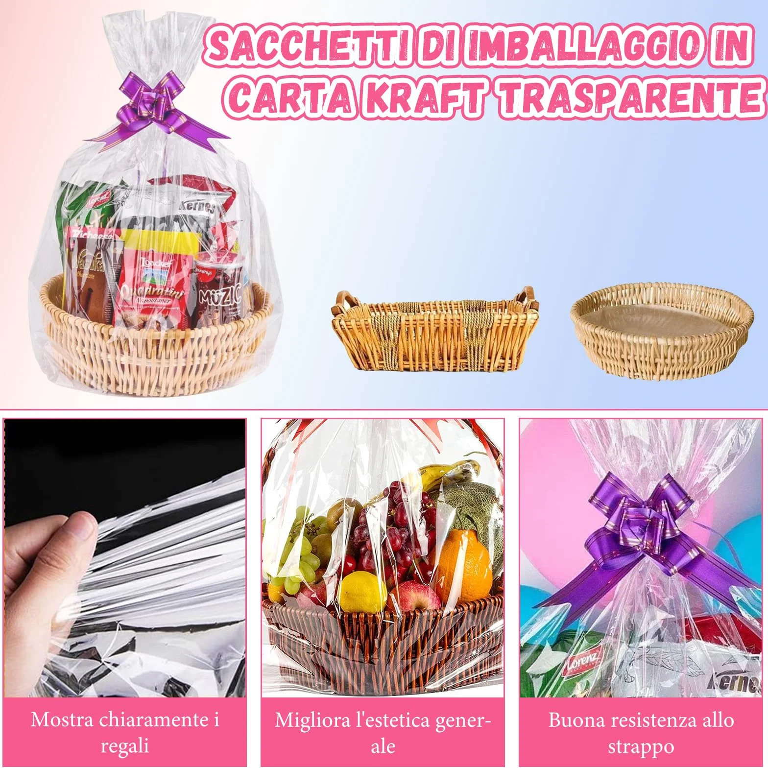 5 Pezzi Fogli Cellophane Trasparente Per Confezioni, 5 Fiocchi, 75×100 cm Cellophane, Carta Cesti Trasparente,per Cesti Regalo,per Regali, Cesti Regalo, Fiori, Artigianato, Dolcetti, Matrimoni