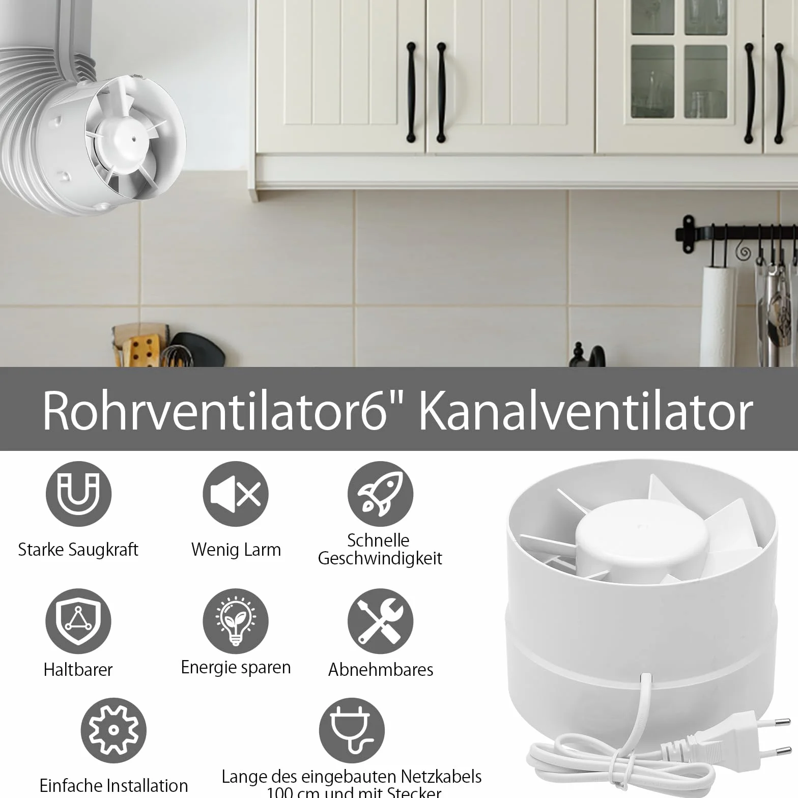 TNSLAND Ventilatore a Tubo per Canale 150 mm, 305 m³/h, Alta Qualità, Silenzioso, Scarico Fumo, per Bagno, WC, Cucina, Serra, Garage