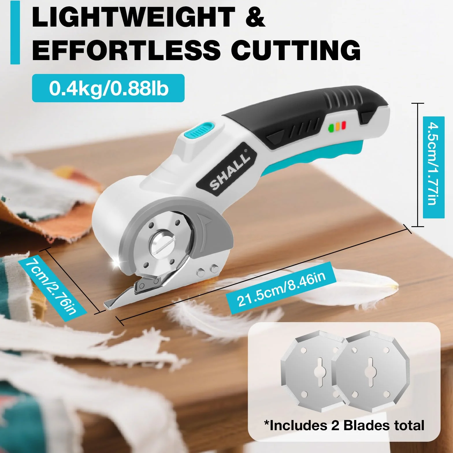 SHALL Forbici elettriche senza fili 4V con blocco di sicurezza, luce LED e lama di ricambio – Taglierina rotante ricaricabile per tessuto, pelle, moquette, cartone e plastica