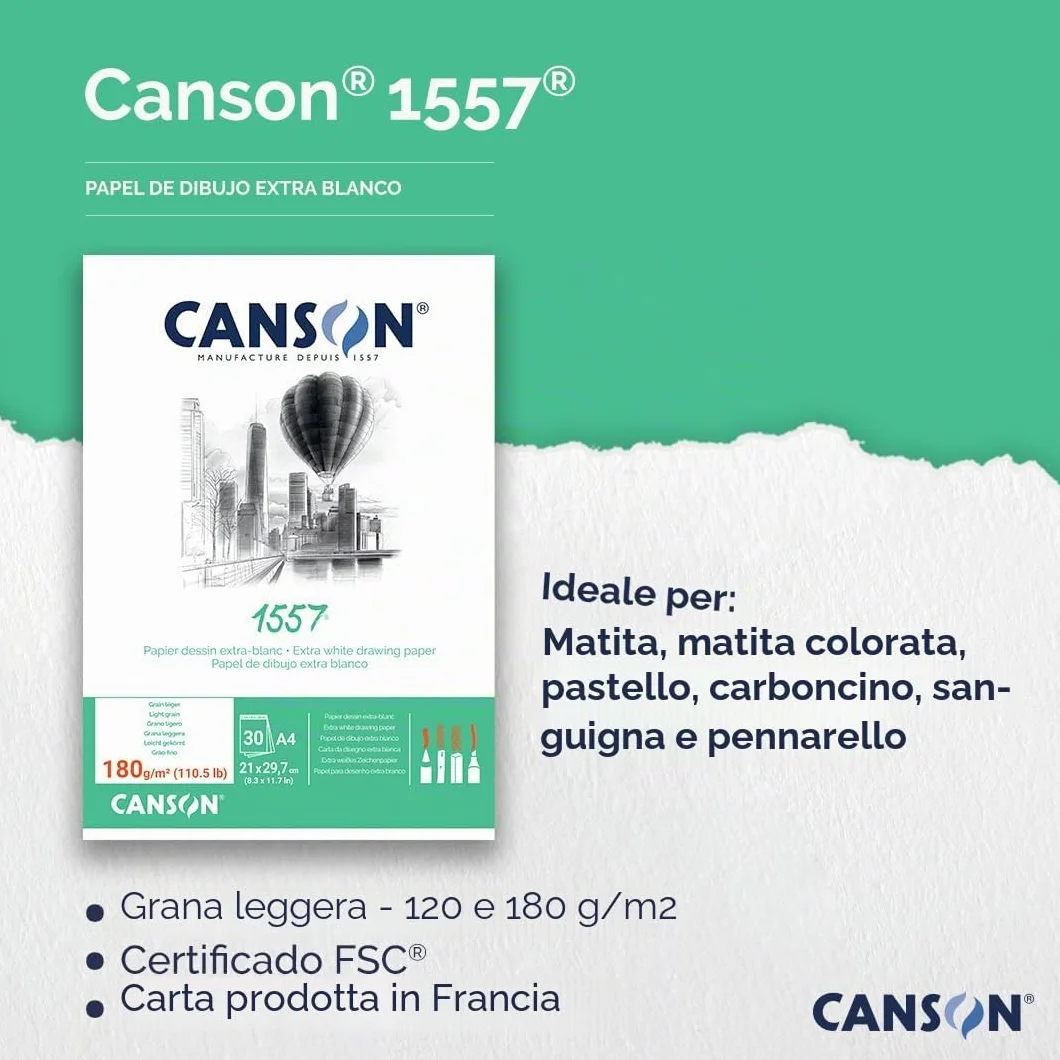 Canson - carta 1557 Blocco da 50 fogli di carta da disegno, 120 g, grana leggera, formato A3, colore: Bianco collato 1 lato