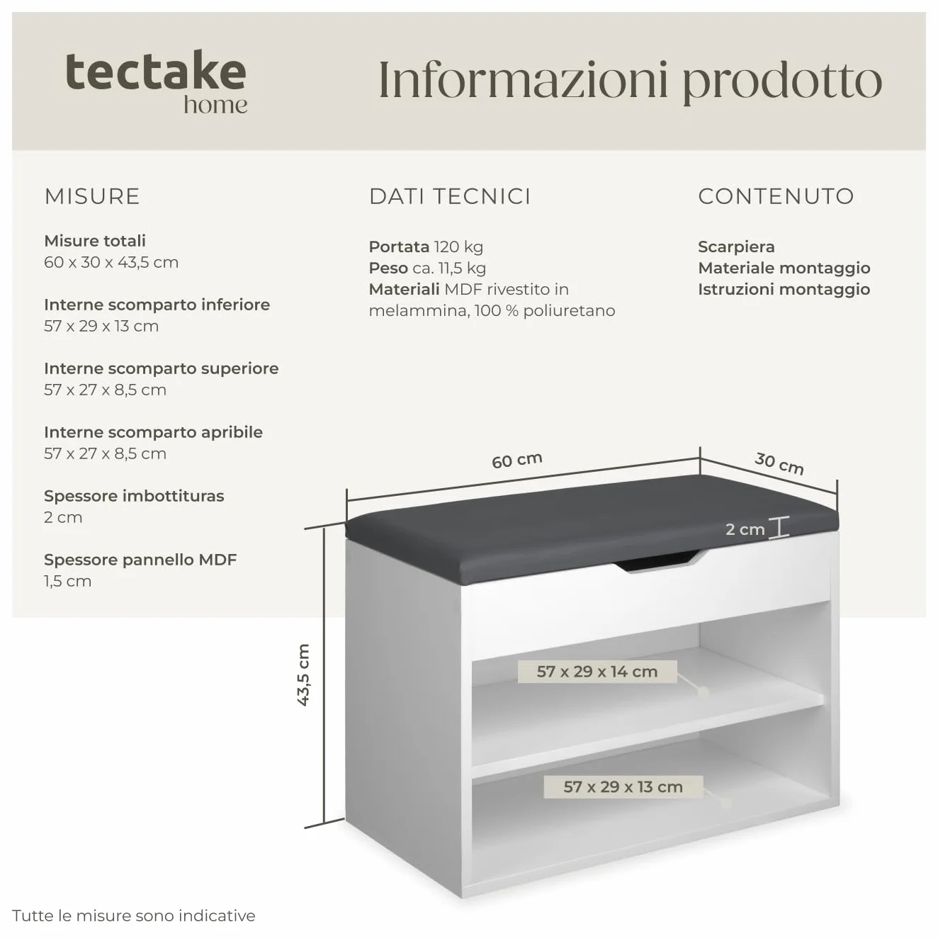 tectake® Scarpiera salvaspazio slim, Comoda Seduta Imbottita, Panca Portascarpe, Scarpiera ingresso con Ripiani Aperti, Facile da Montare, Mobile Porta Scarpe - 60 x 30 x 43,5 cm - Bianco