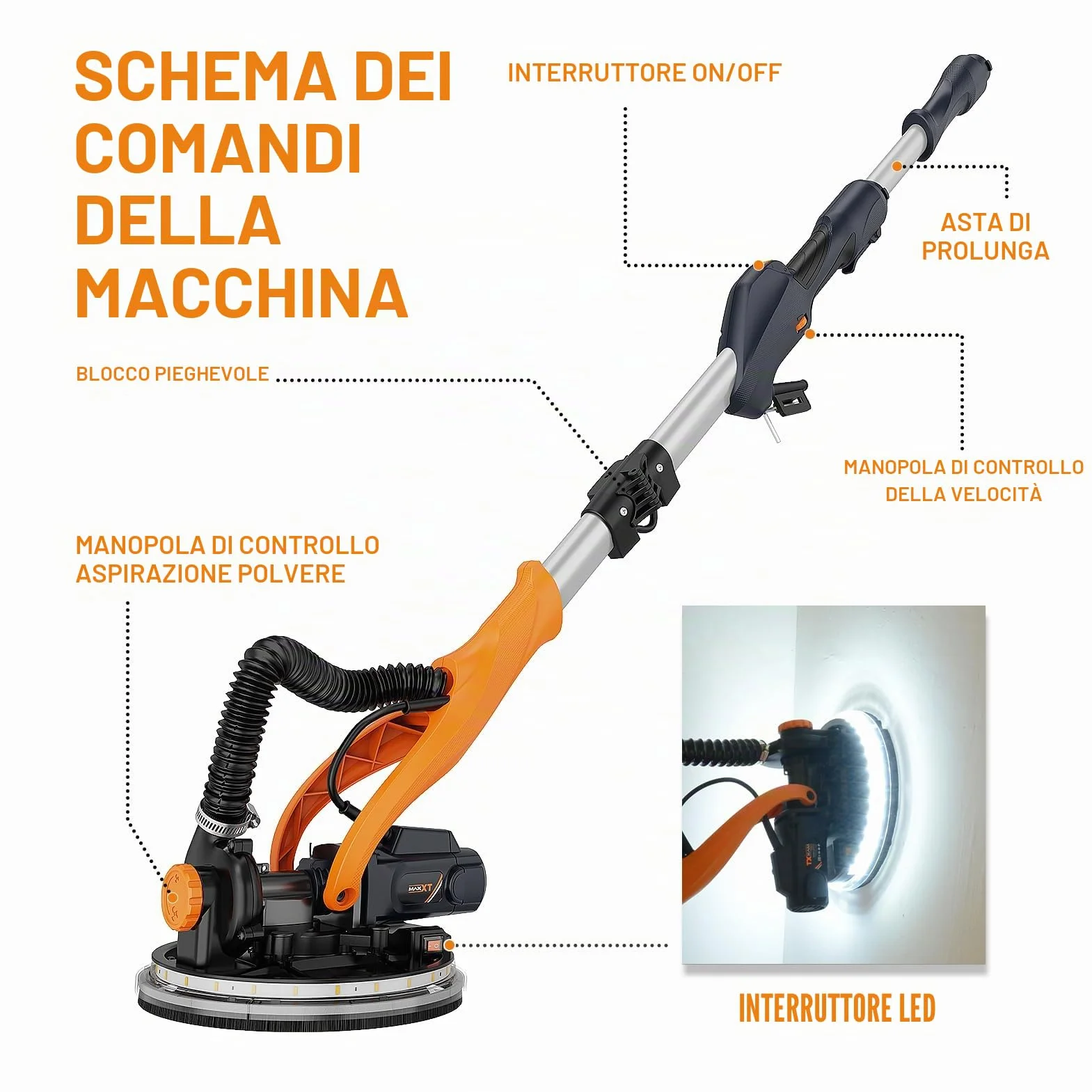MAXXT Levigatrice per cartongesso Pieghevole 820W 225mm Con aspirazione polvere LED