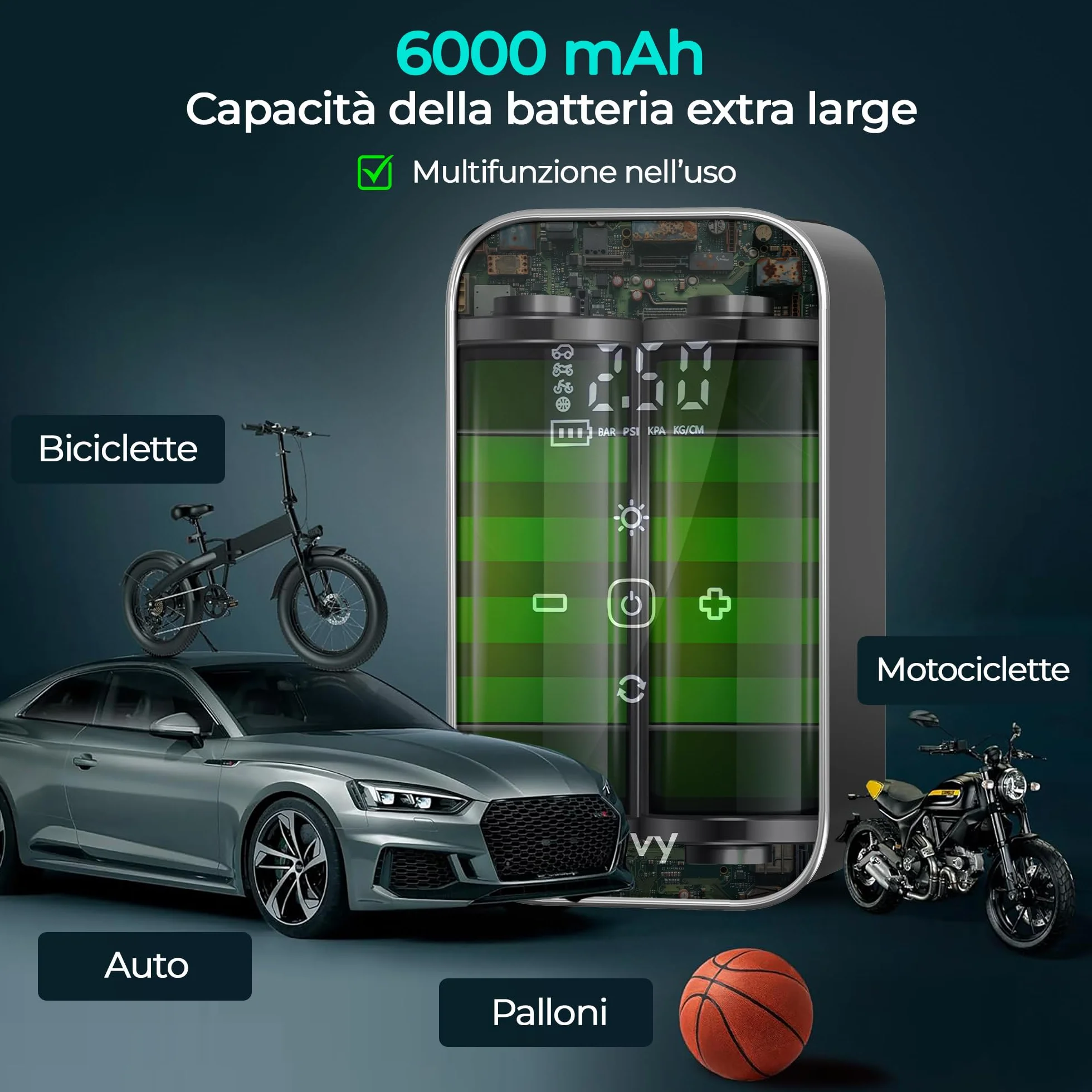 Olvy Compressore d'aria portatile senza fili 12V 6000 mAh Display digitale Luce LED