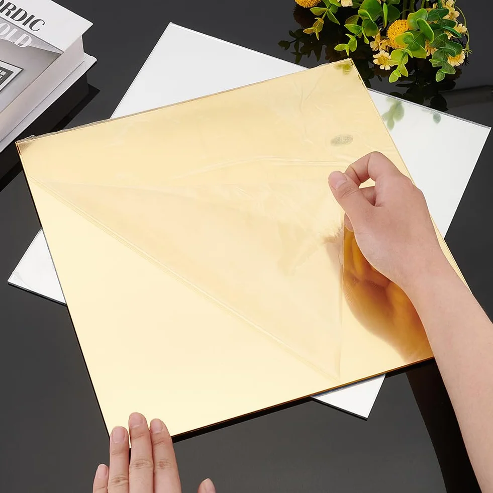 BENECREAT 2 pz 30x30 cm Fogli di Specchio Acrilico Fogli Acrilici Oro e Argento Specchio Opaco Lucido con Pellicola Attaccata