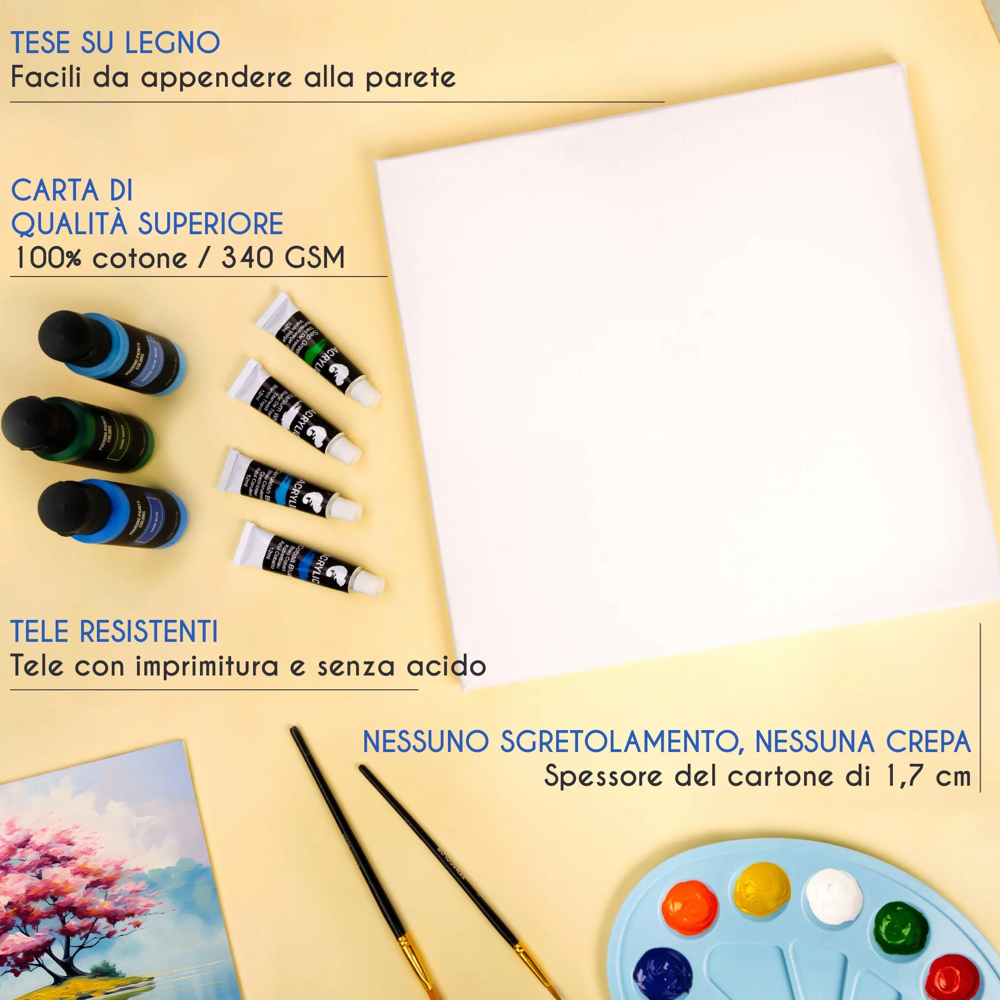 Zenacolor Set di 5 Tela per Dipingere 50x70 - Telaio di Legno 100% Cotone 340GSM - Tele per Dipingere per Colori Acrilici Pittura, Ad Olio, Tempera - Canvas Grandi Dimensioni per Artisti
