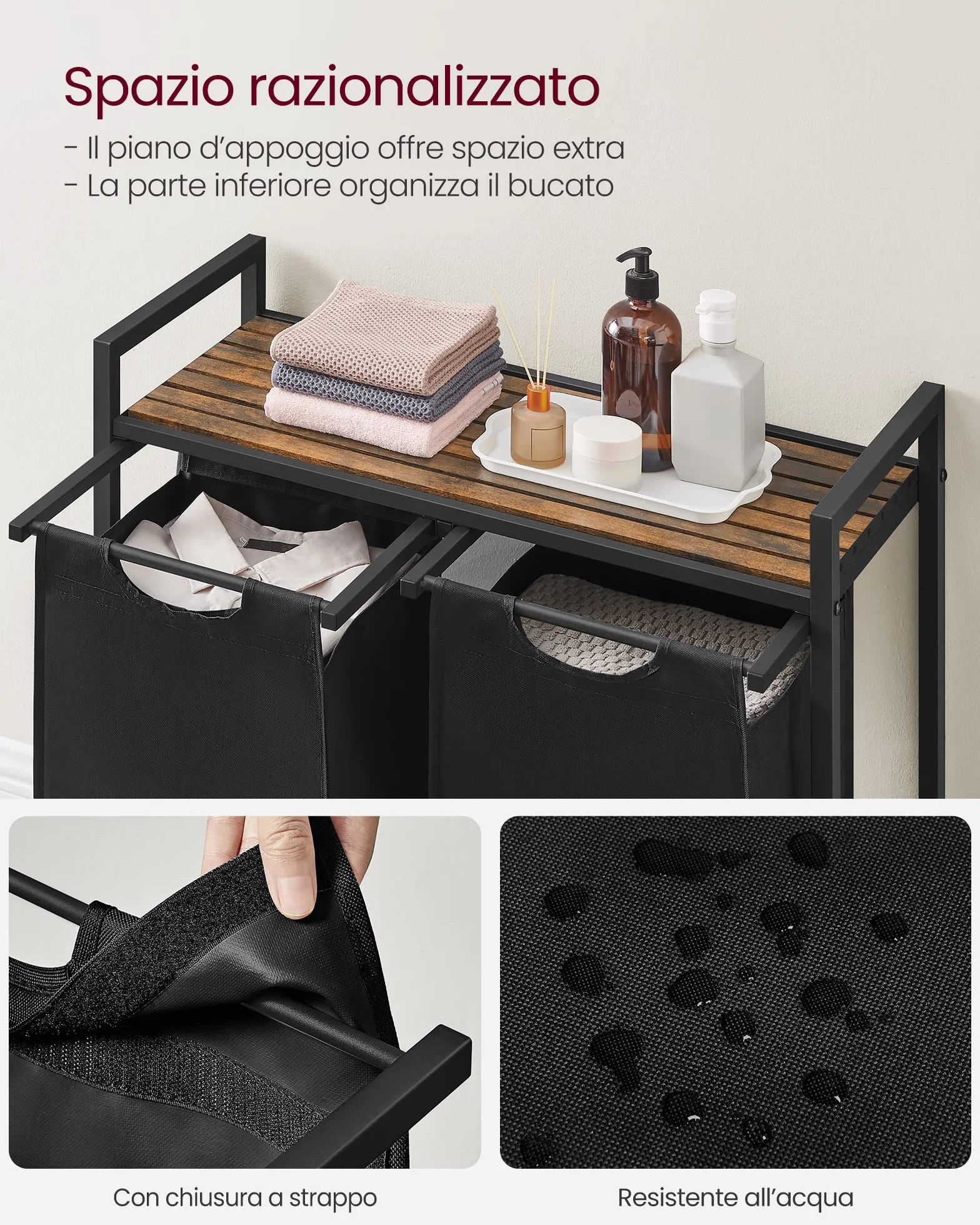 VASAGLE Cesto Portabiancheria, Porta Biancheria, 2 Sacchi in Tessuto Rimovibili, Piano d’Appoggio, Metallo, 2 x 46 L, 73 x 33 x 72 cm, Nero Inchiostro e Marrone Vintage BLH201B01